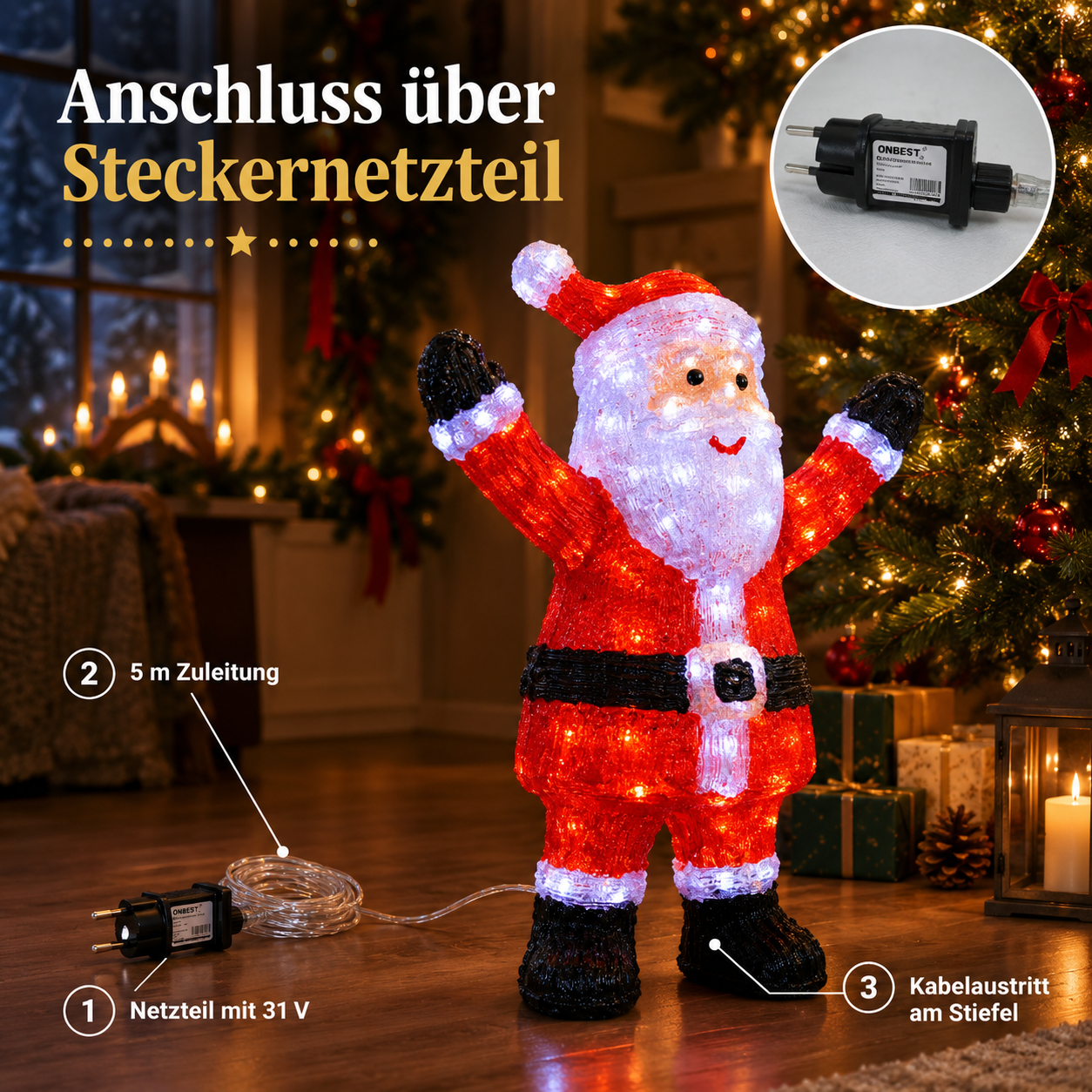 ONBEST Santa Leuchtfigur: Sicherer Anschluss per Steckernetzteil mit 5m Kabel (Dieses Bild wurde mit Hilfe von KI generiert.)