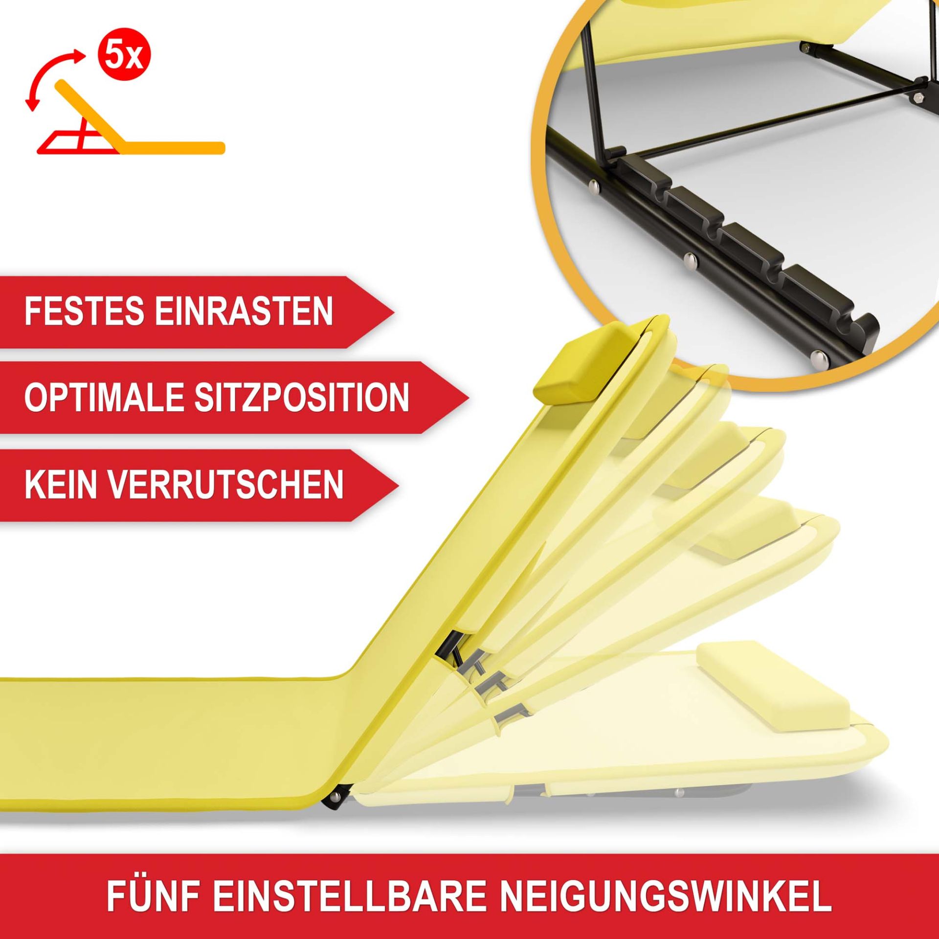 Strandliege gelb - Festes Einrasten, optimale Sitzposition, kein verrutschen, 5 einstellbare Neigungswinkel