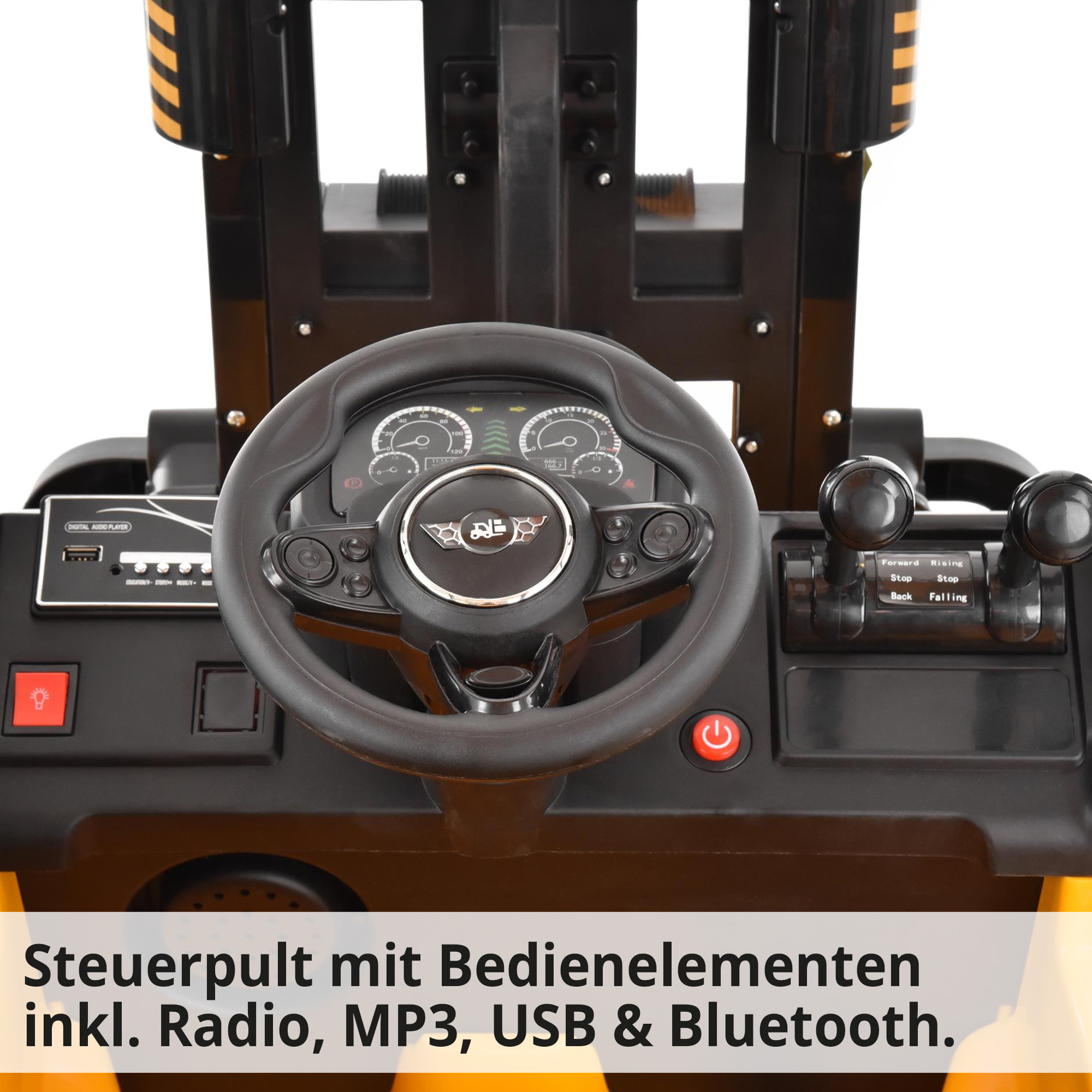 Hecht 52108YELLOW Kinder Elektro Gabelstapler Gelb; Steuerpult mit Bedienelementen inklusive Radio, MP3, USB und Bluetooth
