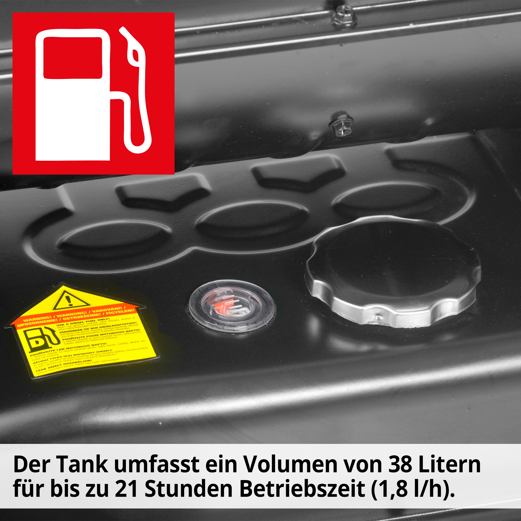 Diesel Heizkanone; 38 Liter Tankvolumen für bis zu 21 Stunden Betriebszeit
