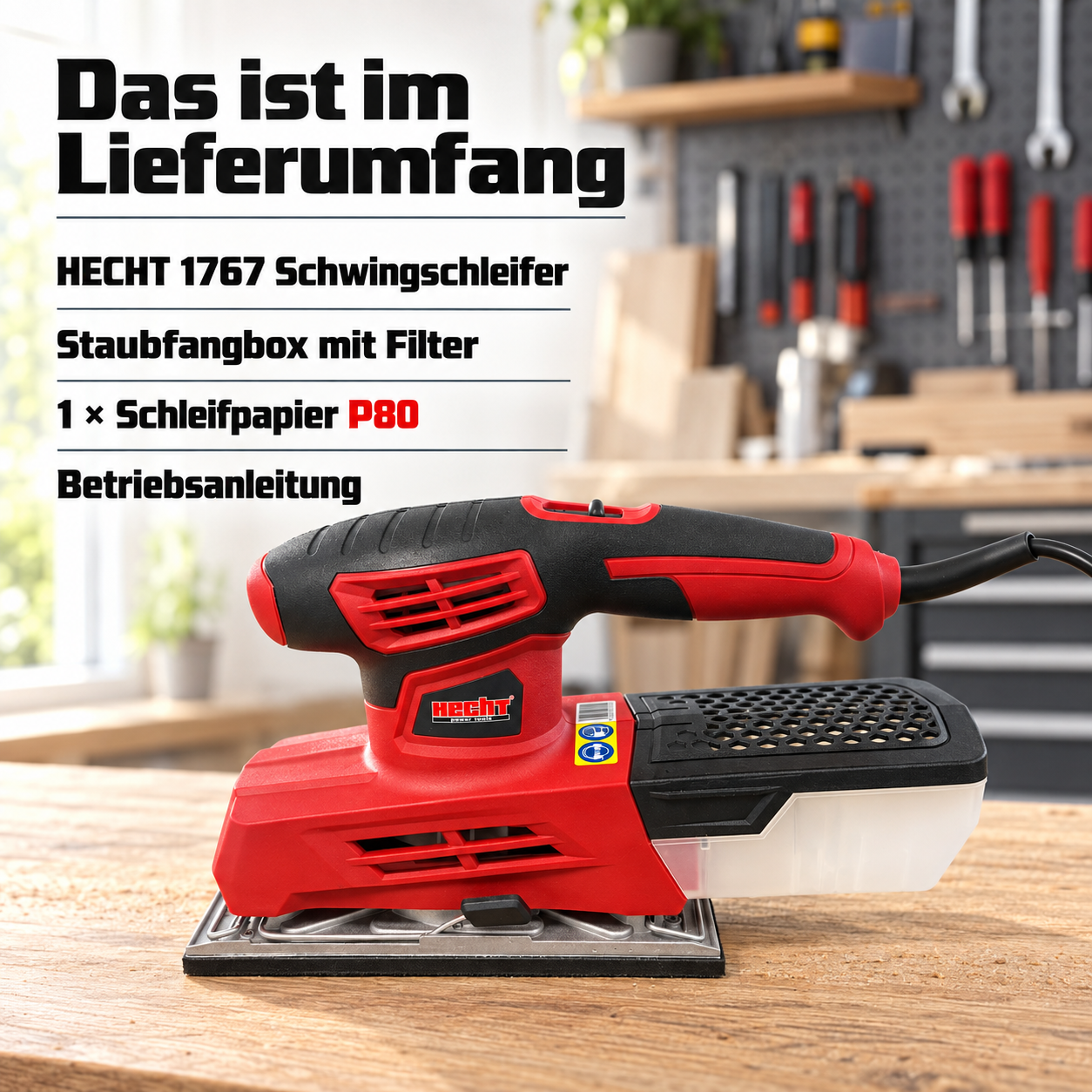 Lieferumfang Schleifmaschine: HECHT 1767 mit Staubfangbox und P80 Papier (Dieses Bild wurde mit Hilfe von KI generiert.)
