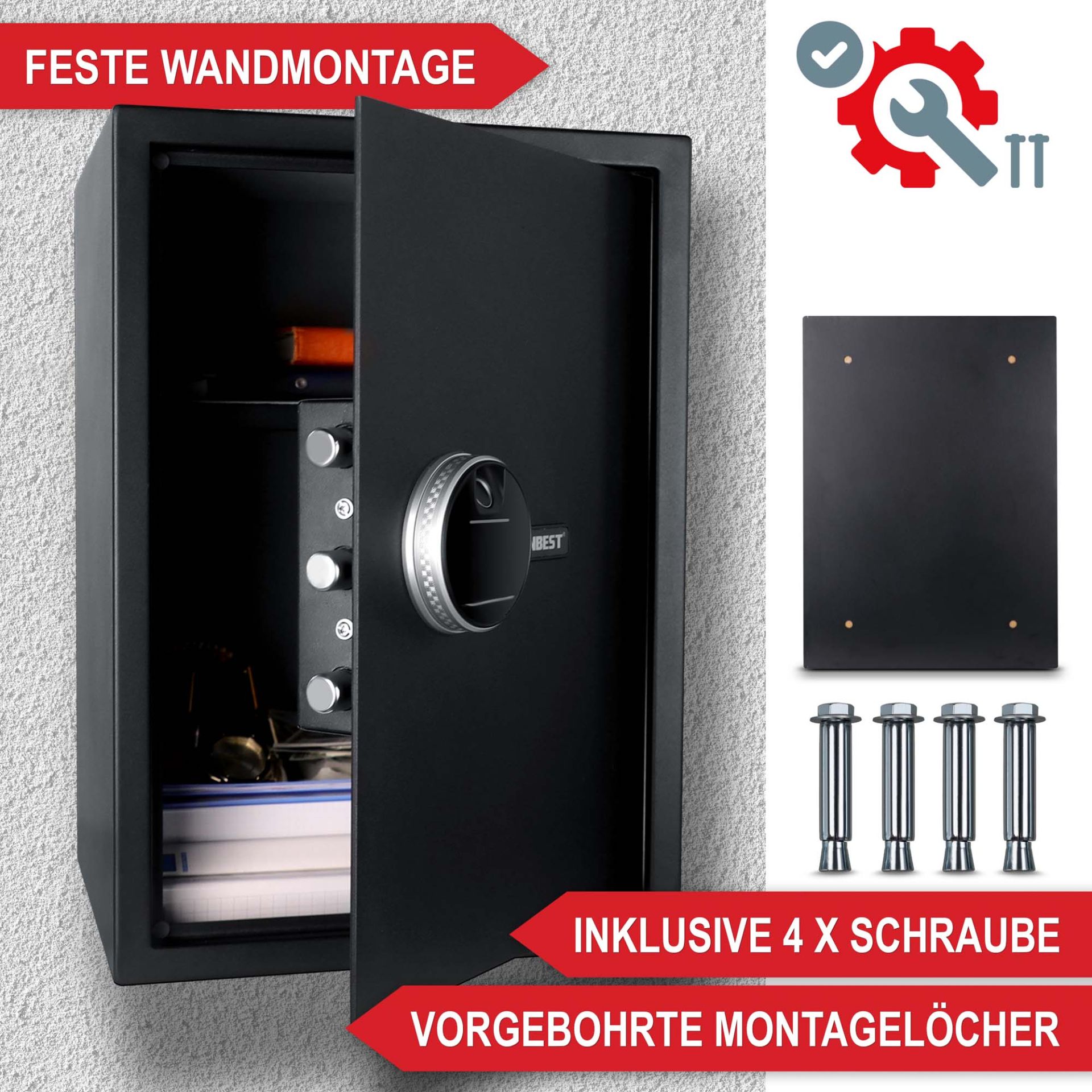 Möbeltresor XL - Feste Wandmontage, Inklusive 4 Schrauben, vorgebohrte Montagelöcher