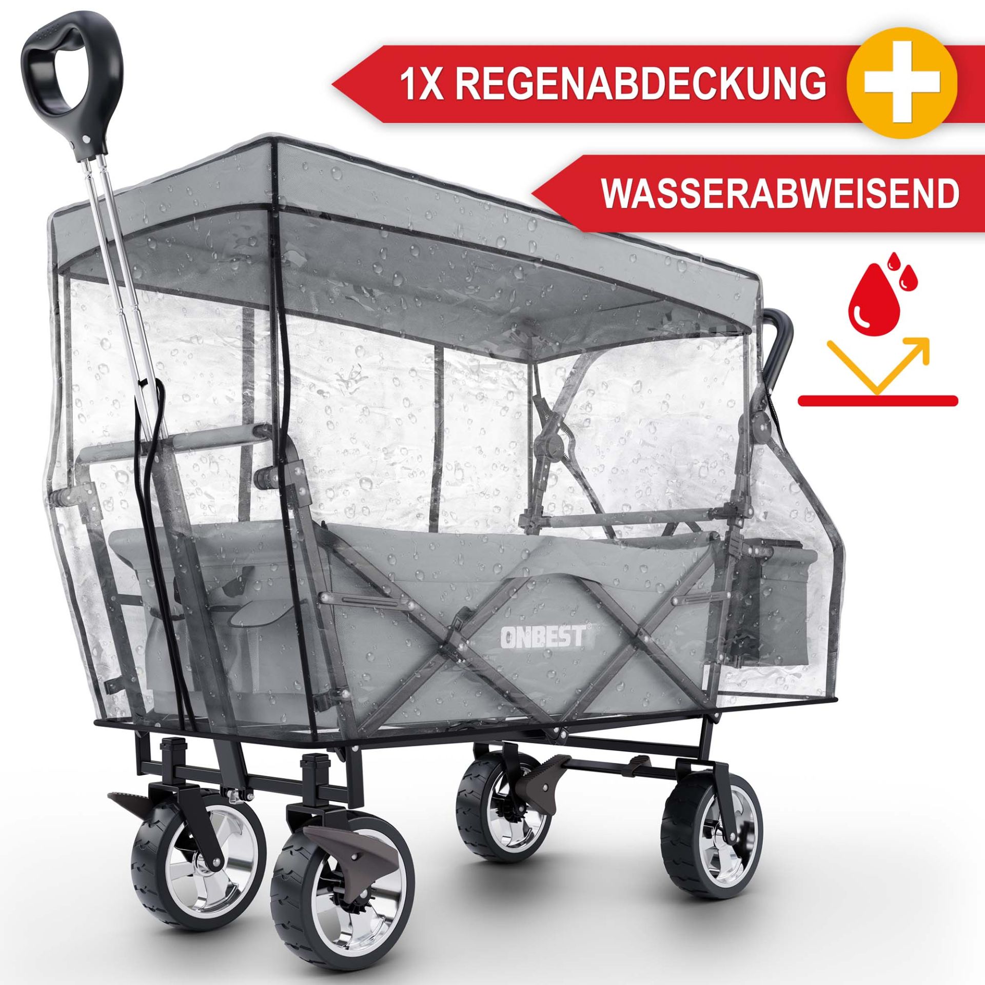 Bollerwagen mit Dach grau - Inklusive einer Regenabdeckung, wasserabweisend