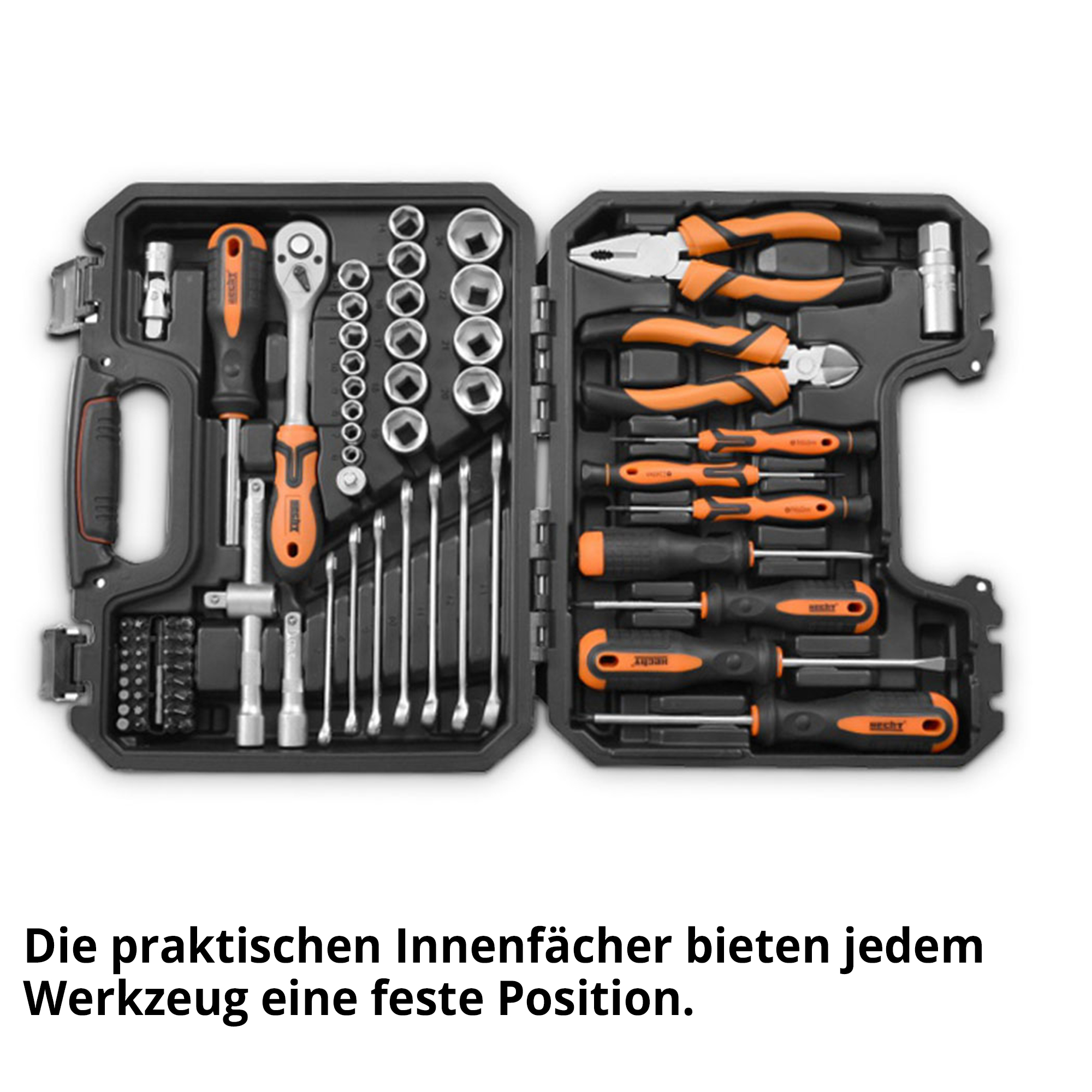 Werkzeugkoffer HECHT – Steckschlüssel, Schraubendreher & Zangen ordentlich sortiert im Koffer Werkzeugkoffer HECHT – Steckschlüssel, Schraubendreher & Zangen ordentlich sortiert im Koffer