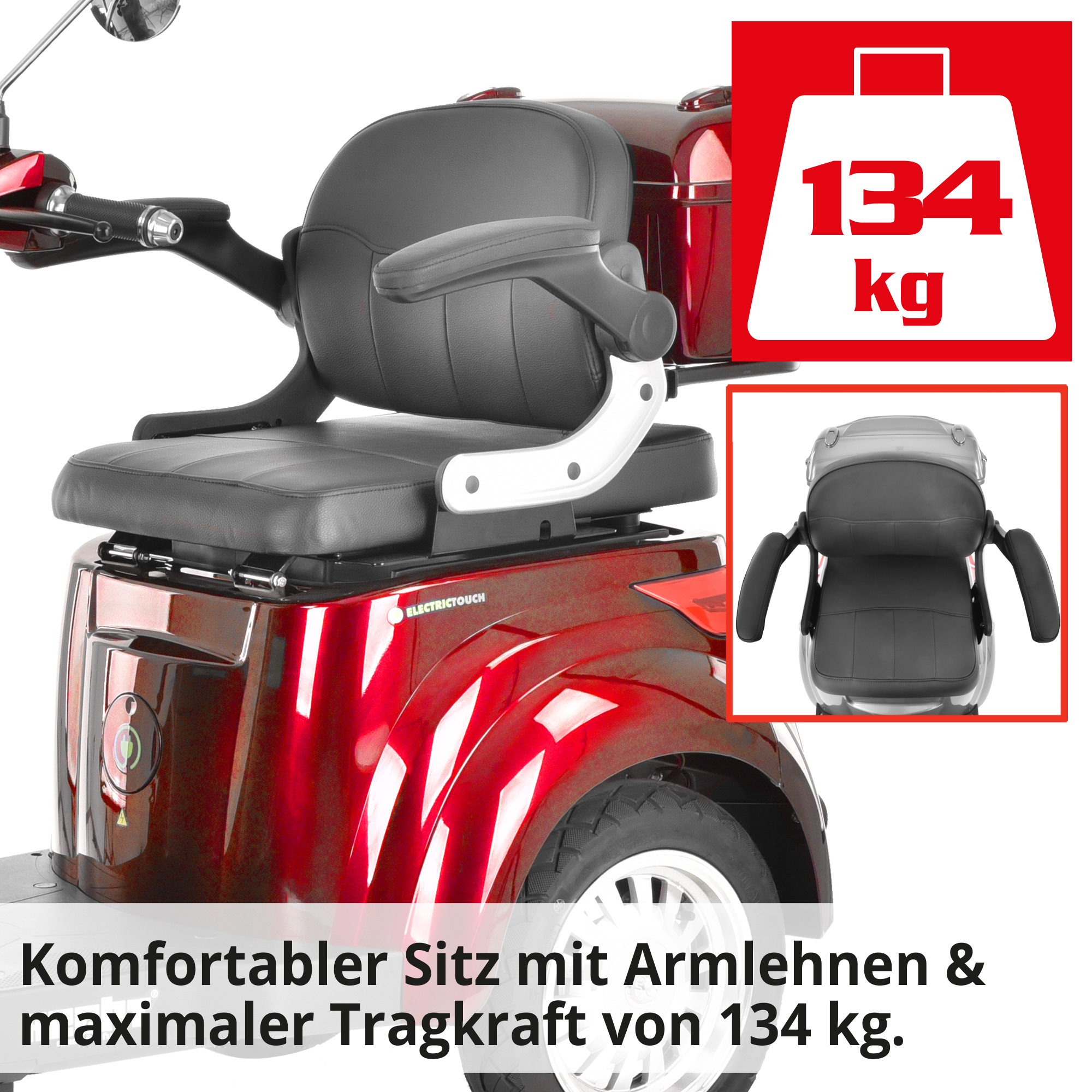 Hecht CITISMAX Seniorenfahrzeug 3 Rad Rot mit komfortablen Sitz mit Armlehne und hoher maximaler Tragkraft