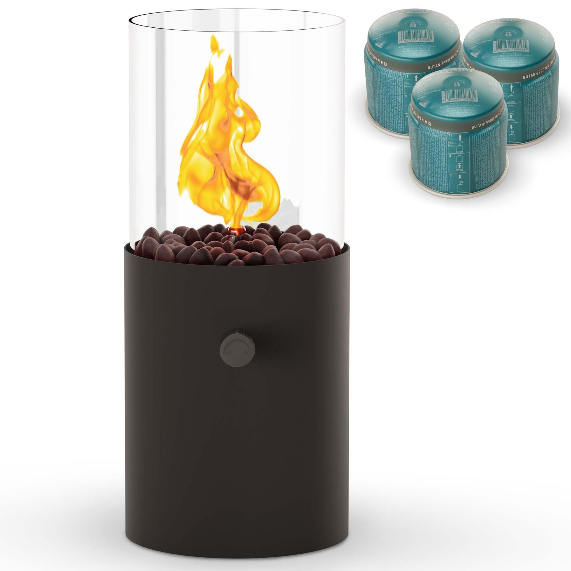 Gas-Tischkamin mit Flamme und drei Gaskartuschen im Hintergrund Gas-Tischkamin mit Flamme und drei Gaskartuschen im Hintergrund