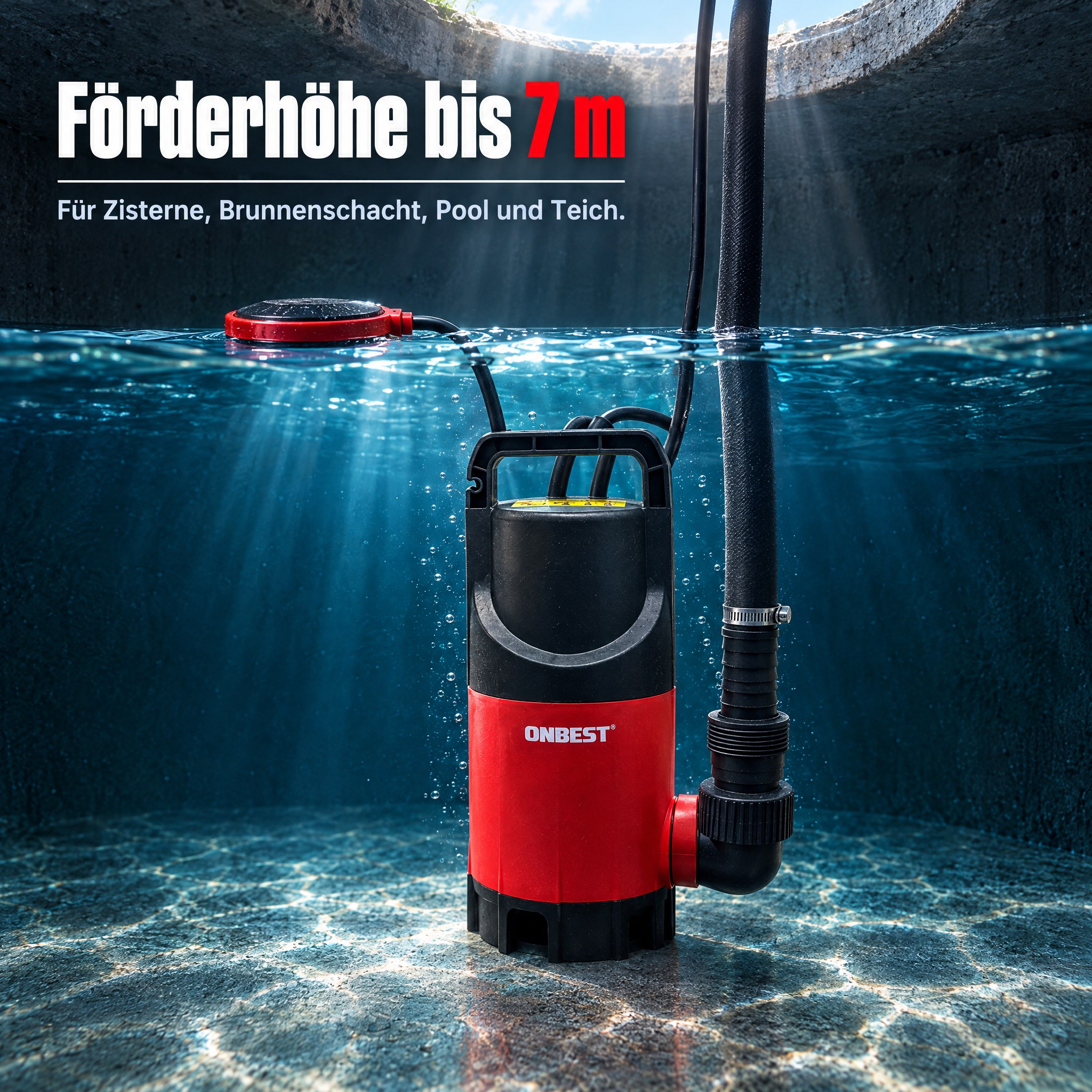 Tauchpumpe Förderhöhe: Bis zu 7 m für Zisterne, Brunnenschacht und Pool (Dieses Bild wurde mit Hilfe von KI generiert.)