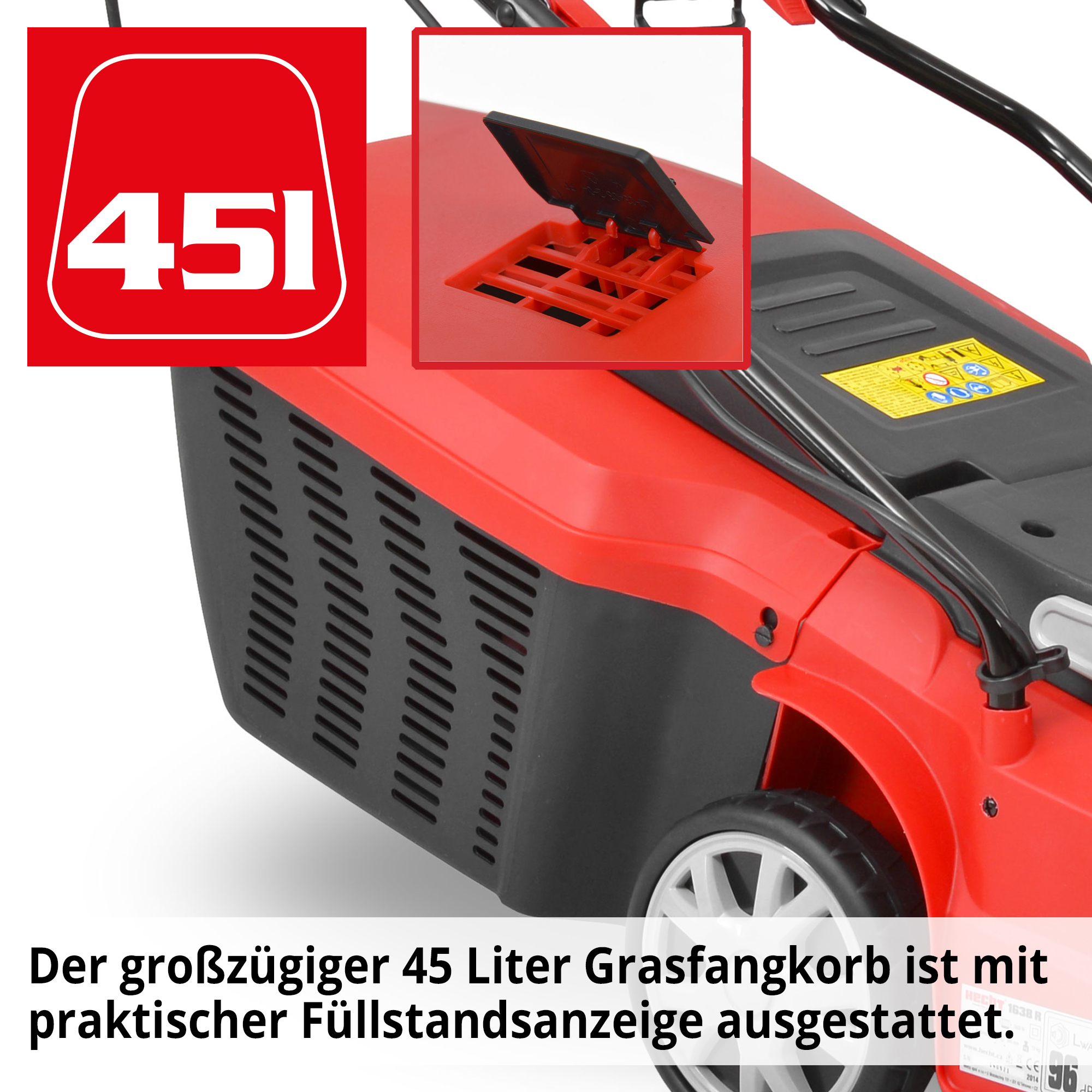 Elektro-Rasenmäher mit 45 Liter Grasfangkorb und Füllstandanzeige 