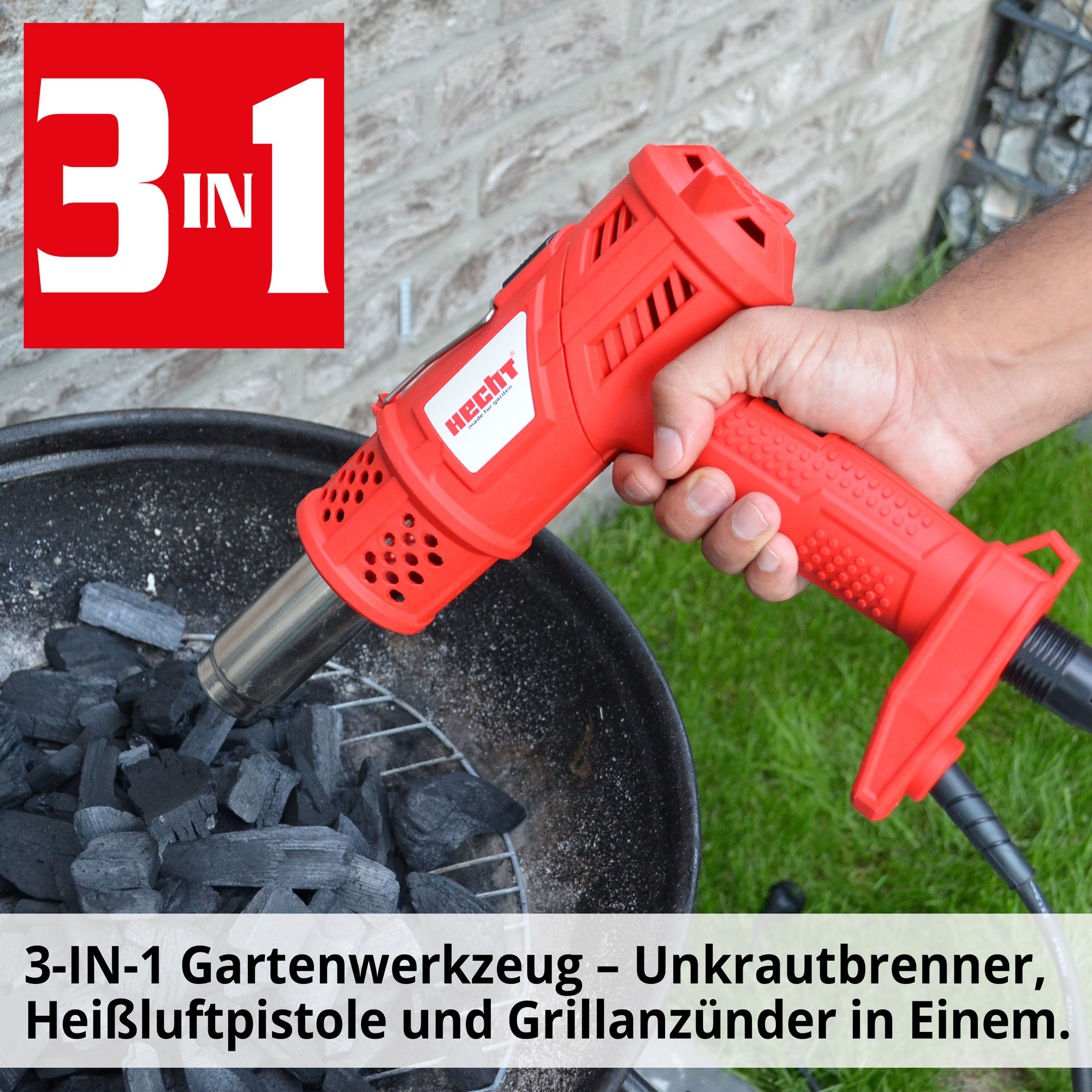 HECHT 2212 Unkrautbrenner; 3-IN-1 Gartenwerkzeug – Unkrautbrenner, Heißluftpistole und Grillanzünder in Einem