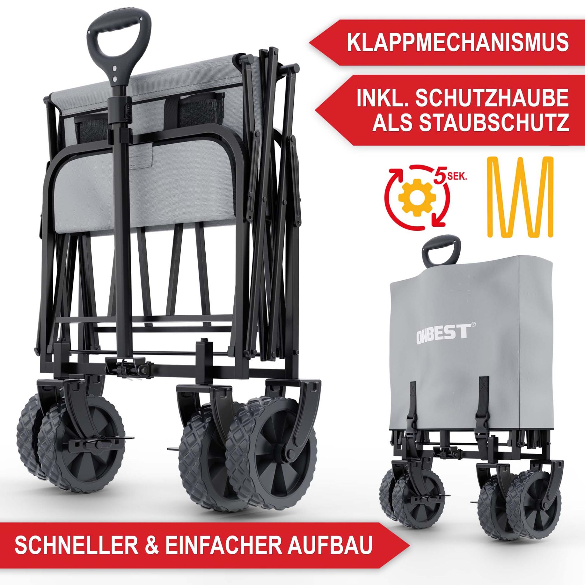 Bollerwagen grau - Klappmechanismus, inklusiv Schutzhaube als Staubschutz, schneller und einfacher Aufbau