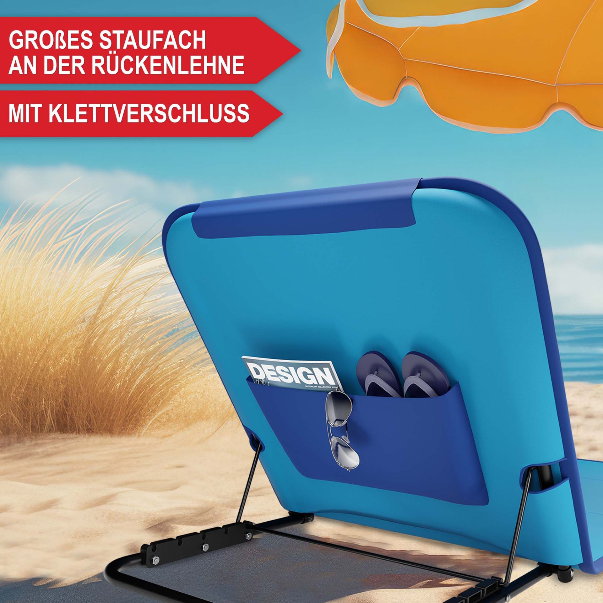 Strandliege blau - Großes Staufach an der Rückenlehne, mit Klettverschluss