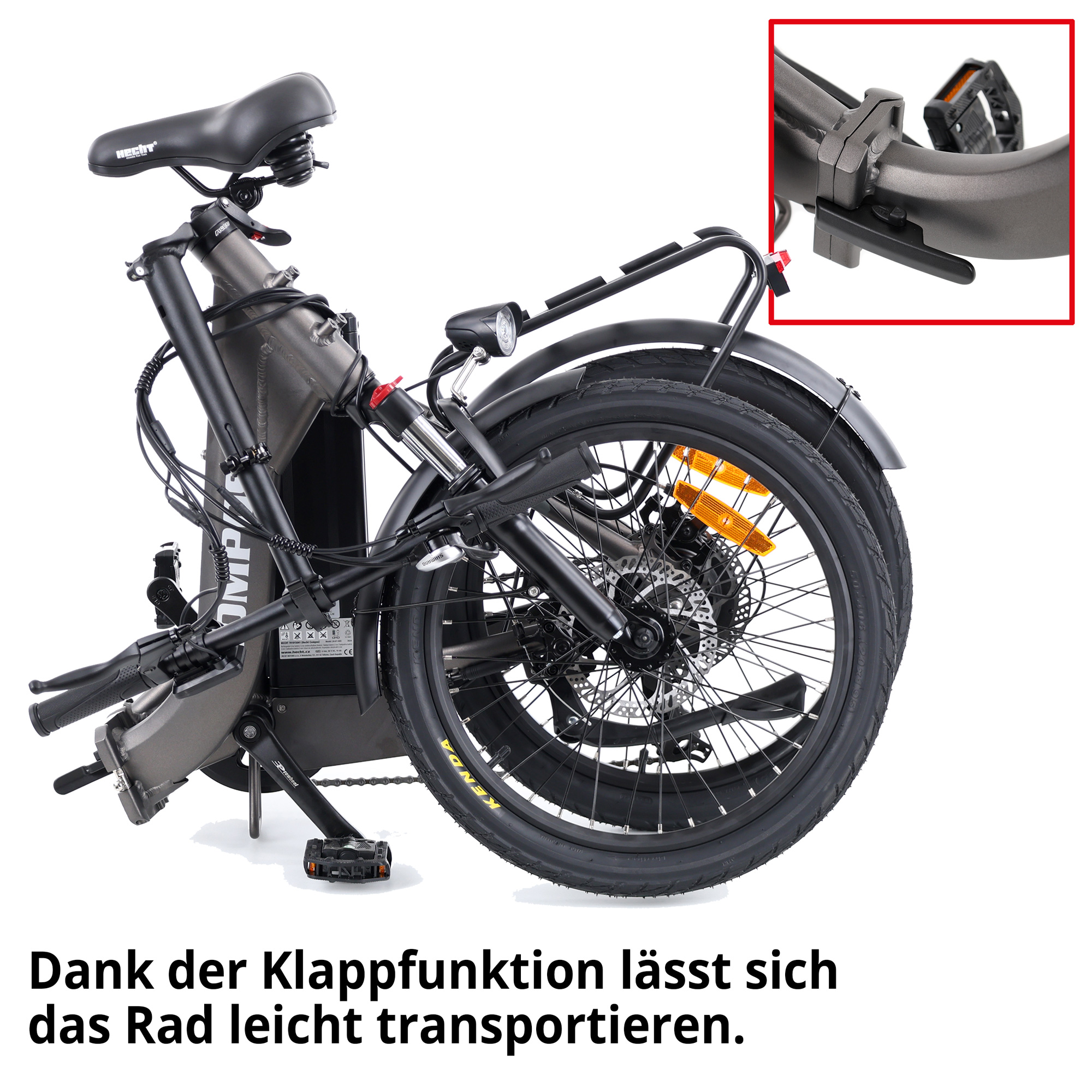 Elektro Klapprad; dank der Klappfunktion lässt sich das Rad leicht transportieren