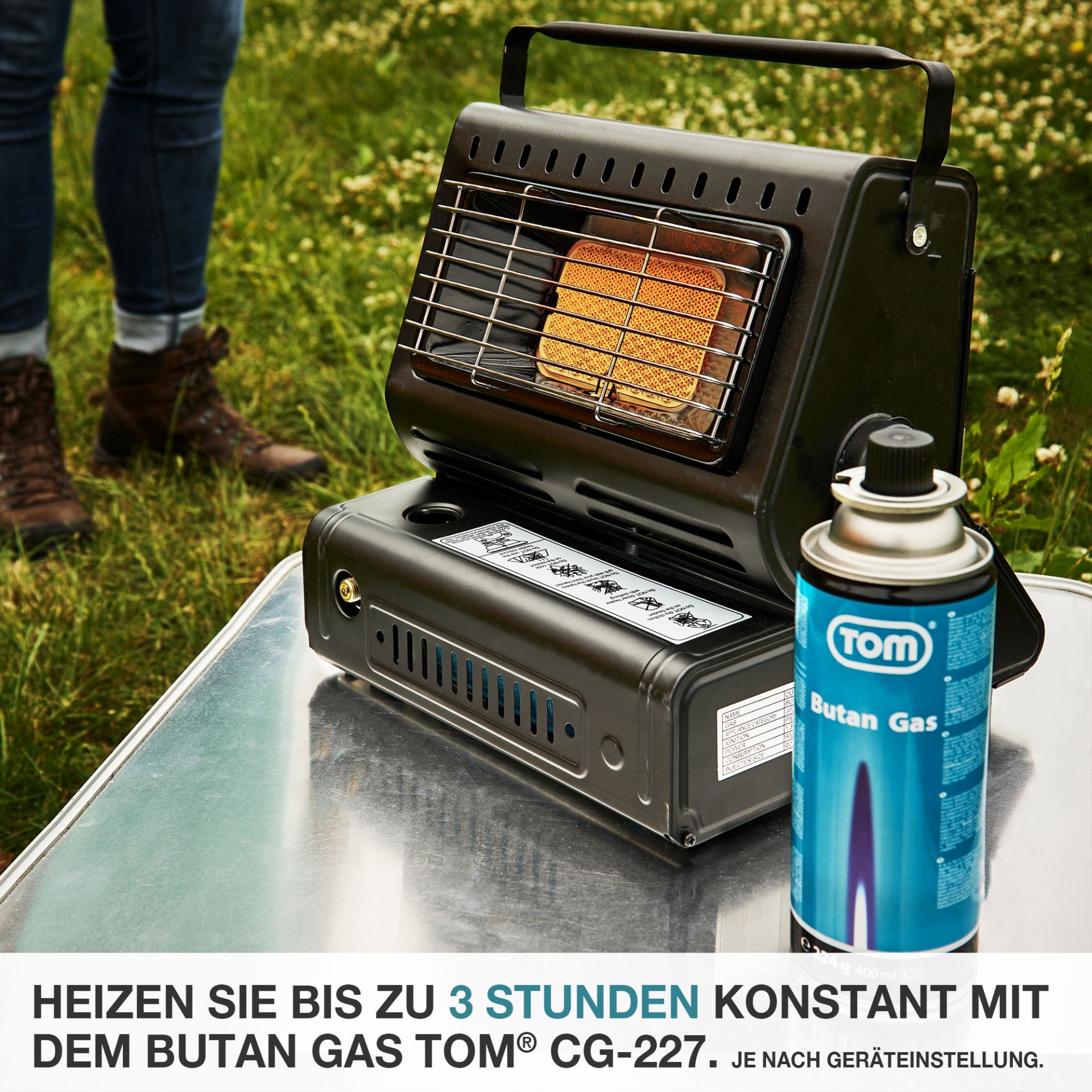 Mit der TOM Butan Gaskartusche CG-227 bis zu drei Stunden heizen