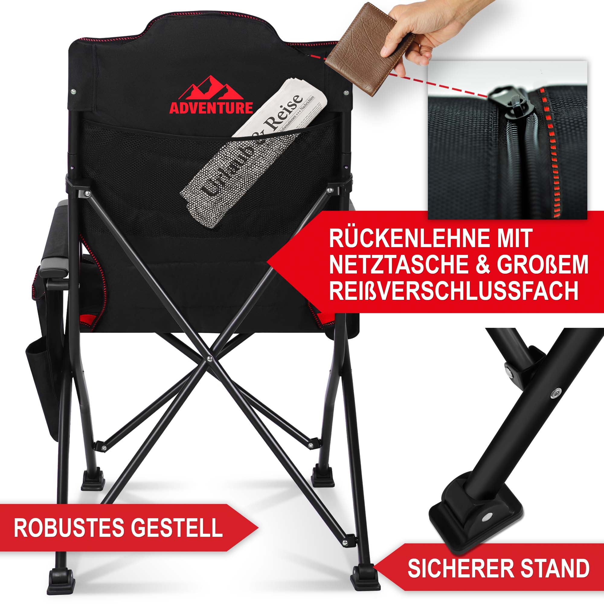 Campingstuhl schwarz/rot - Rückenlehne mit Netztasche und großem Reißverschlussfach, robustes Gestell, sicherer Stand Campingstuhl schwarz/rot - Rückenlehne mit Netztasche und großem Reißverschlussfach, robustes Gestell, sicherer Stand