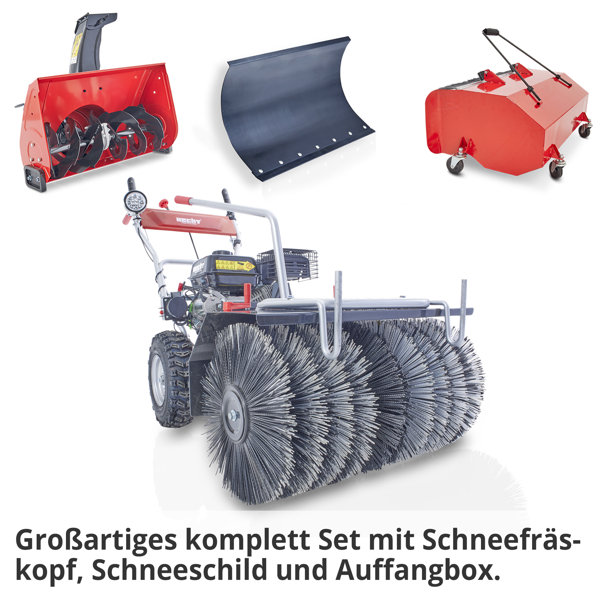 HECHT Benzin Kehrmaschine 8616 SE Set 1 inklusive Auffangbox, Schneeschild und Schneefräskopf