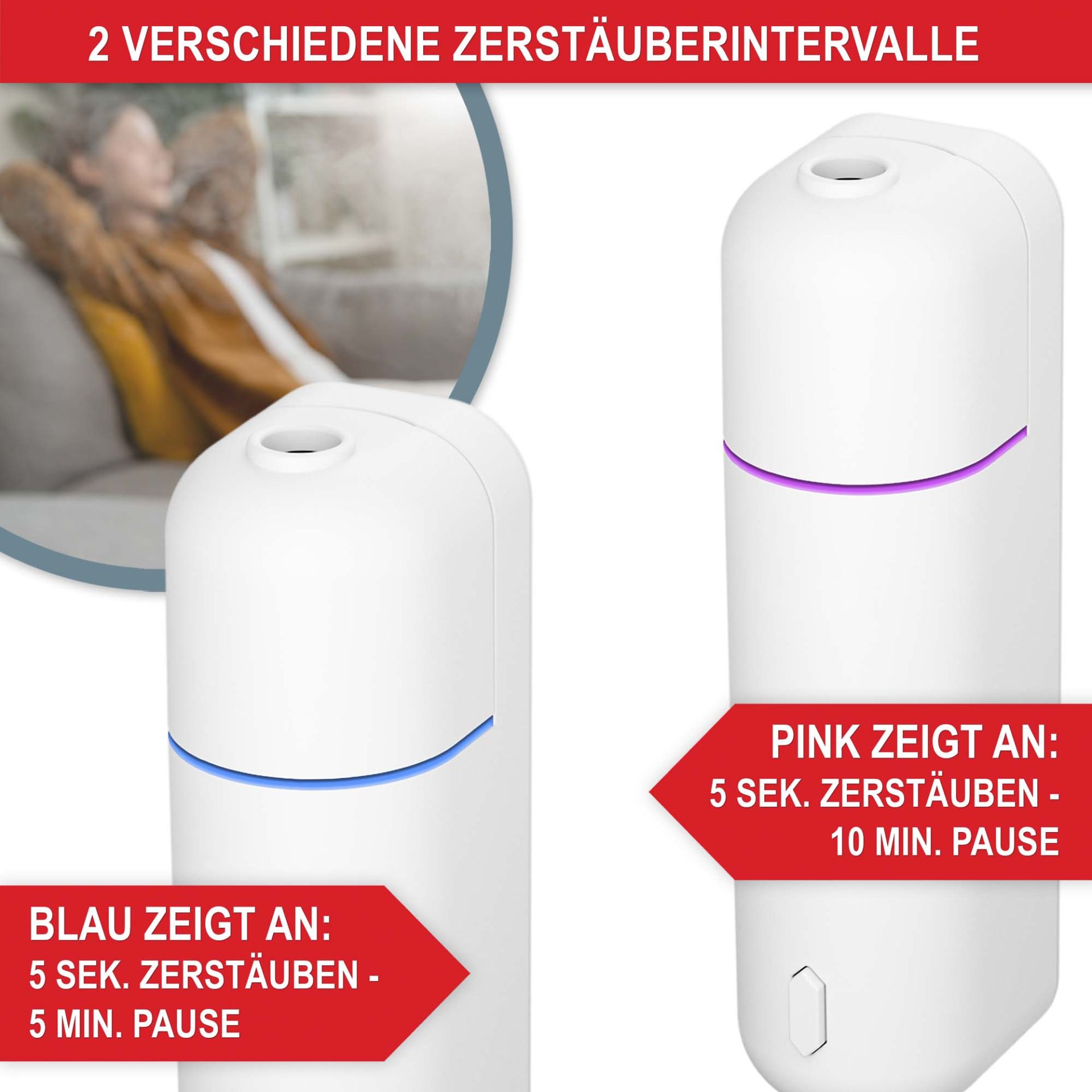 Aromadiffuser weiß - 2 verschiedene Zerstäuberintervalle, blau zeigt 5 Minuten Pause zwischen 5 Sekunden zerstäuben an, pink zeigt 10 Minuten Pause an