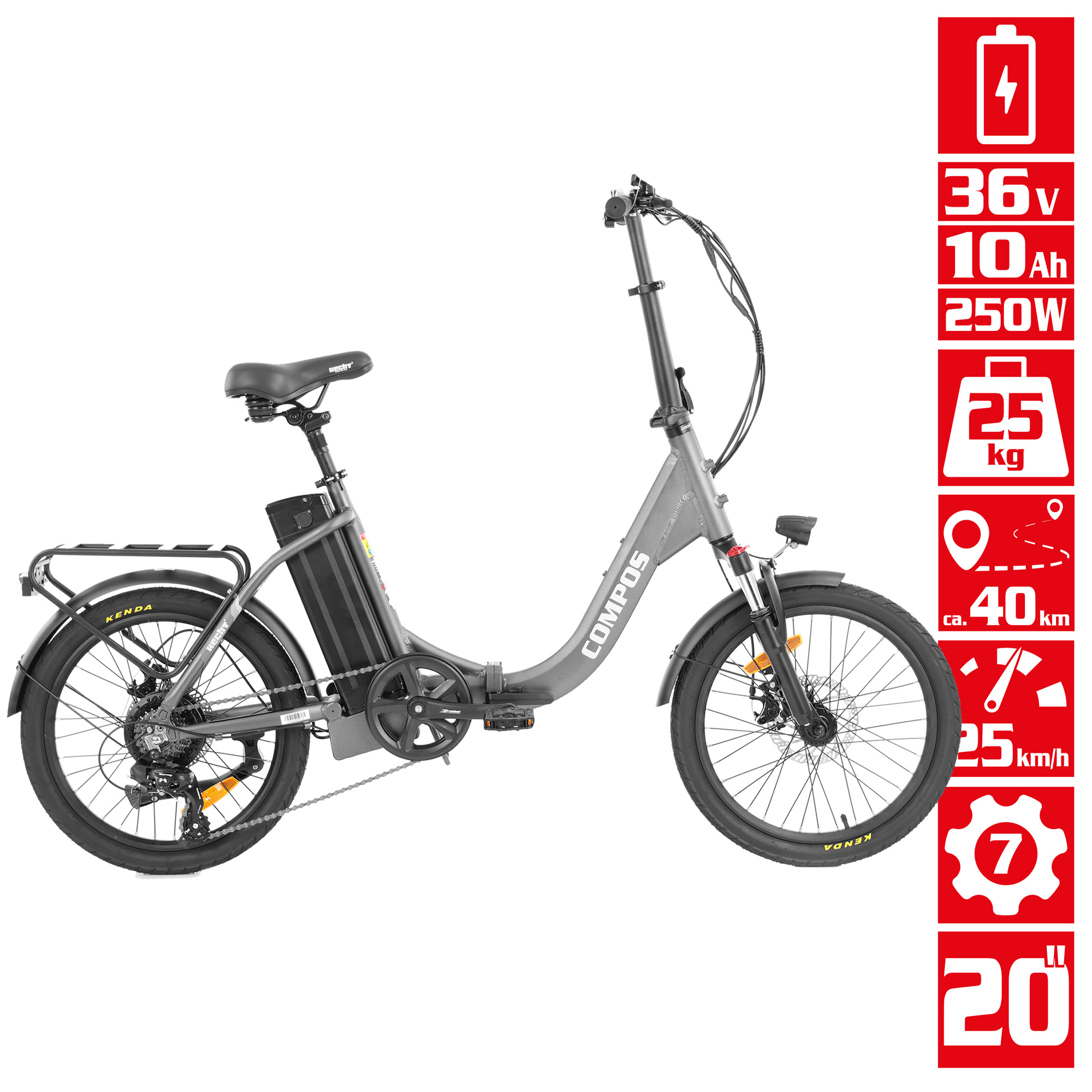 Hecht COMPOS GRAY - Elektro Klapprad mit etwa 40 Kilometer Reichweite