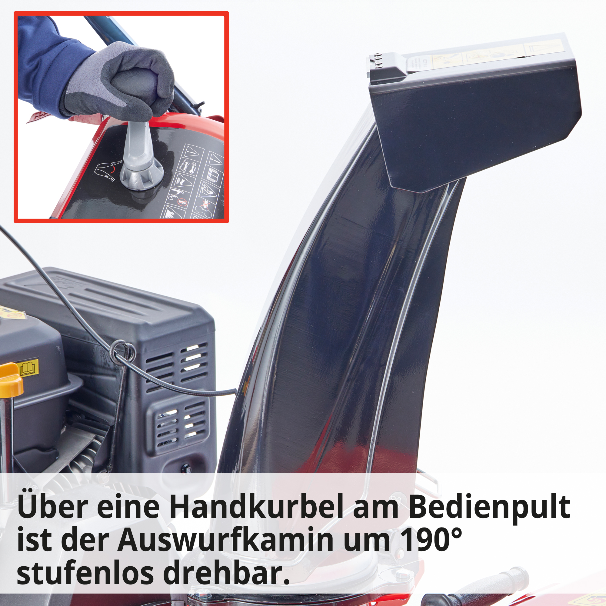 Benzin-Schneefräse mit 190 Grad Drehbaren Auswurfkamin bequem über Handkurbel bedienen  Benzin-Schneefräse mit 190 Grad Drehbaren Auswurfkamin bequem über Handkurbel bedienen