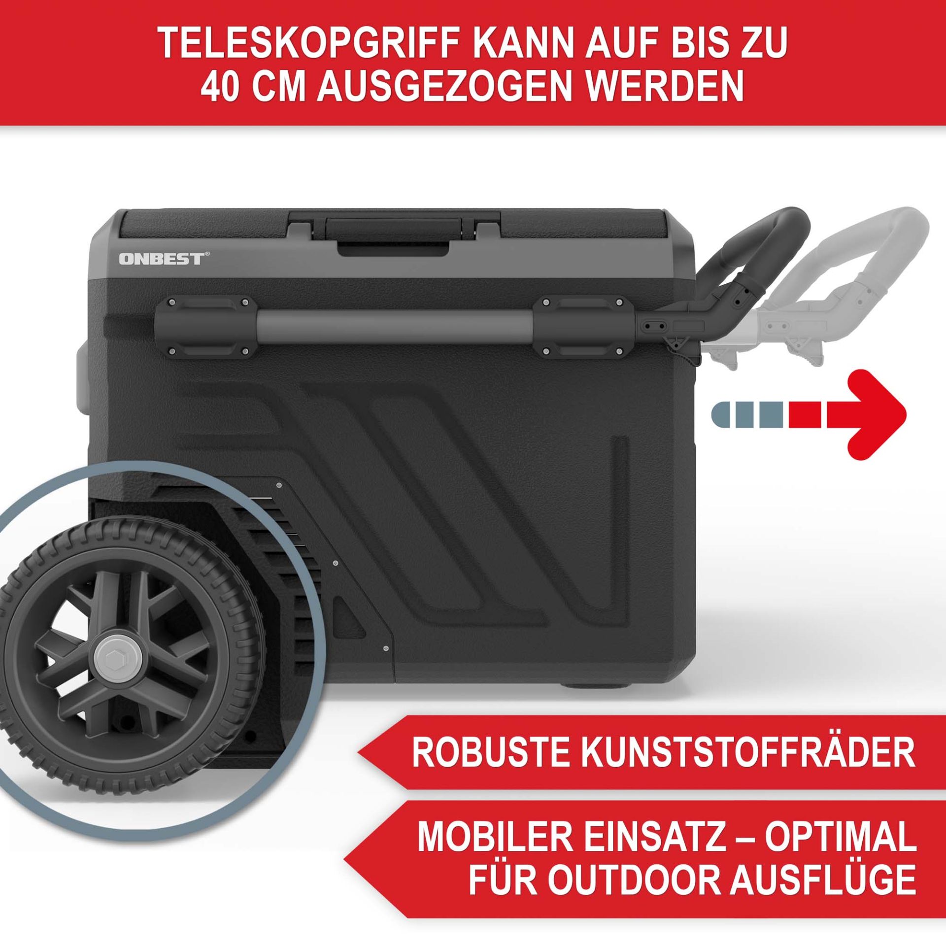Kompressor Kühlbox 40L - Robuste Kunststoffräder; mobiler Einsatz optimal für Outdoor Ausflüge