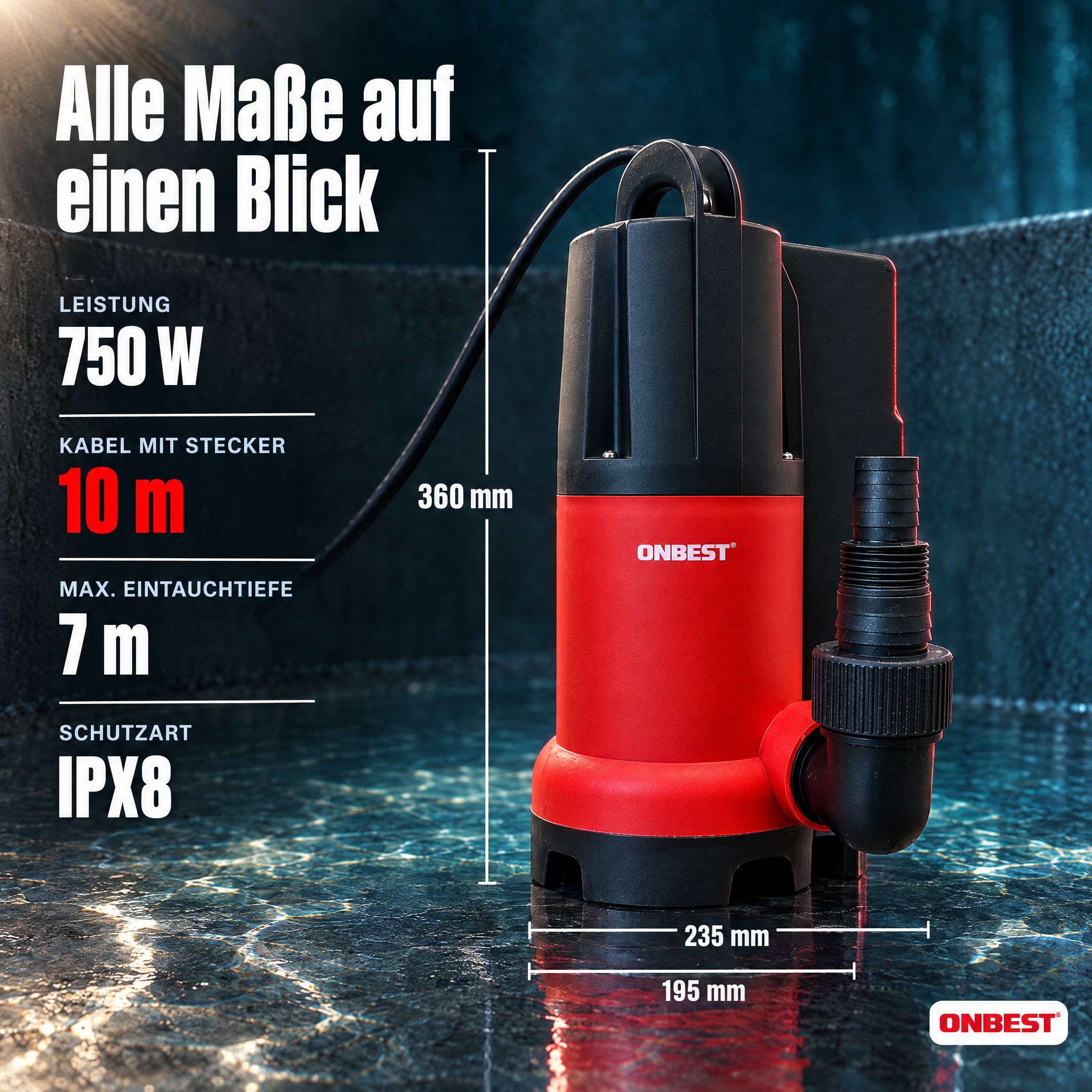 Maße Schmutzwasserpumpe: 360 mm Höhe, 750 W Leistung und IPX8 Schutzart (Dieses Bild wurde mit Hilfe von KI generiert.)