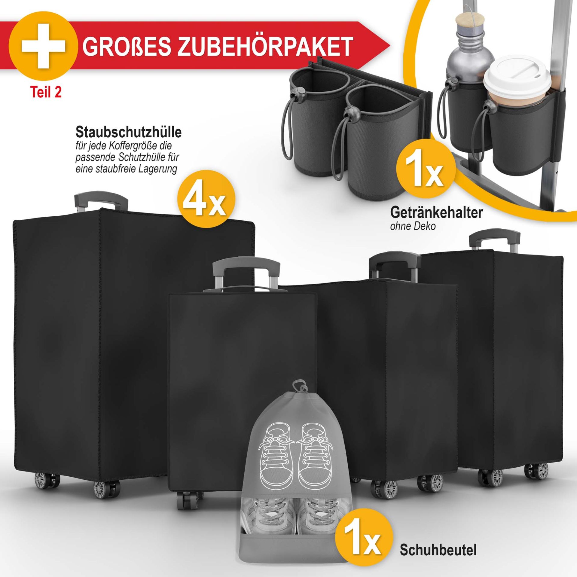 Hartschalenkofferset pink - Inklusive großes Zubehörpaket; 4 Staubschutzhüllen; 1 Getränkehalter; 1 Schuhbeutel