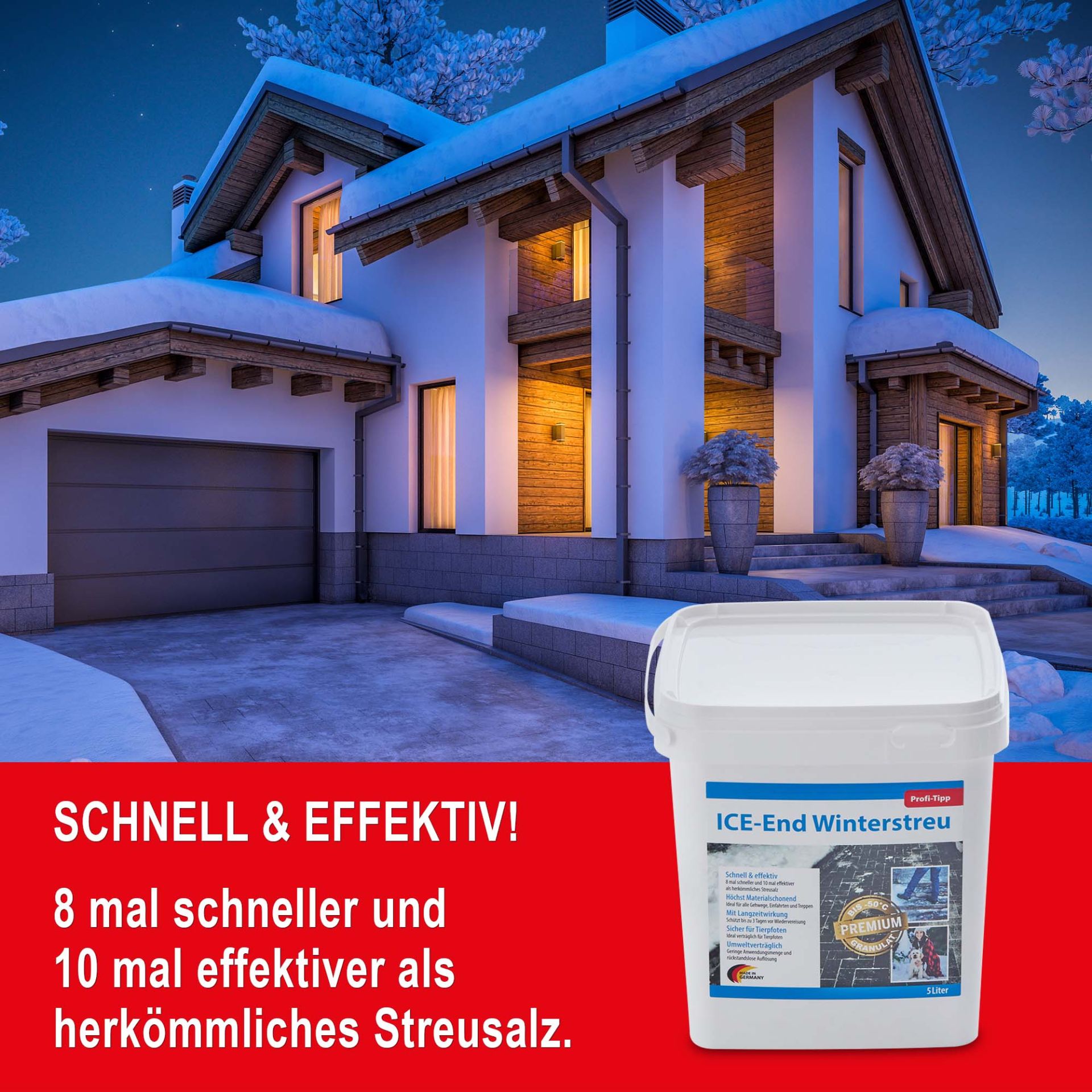 Schnell, effektiv, 8 mal schneller und 10 mal effektiver als herkömmliches Streusalz - Streusalz Ersatz