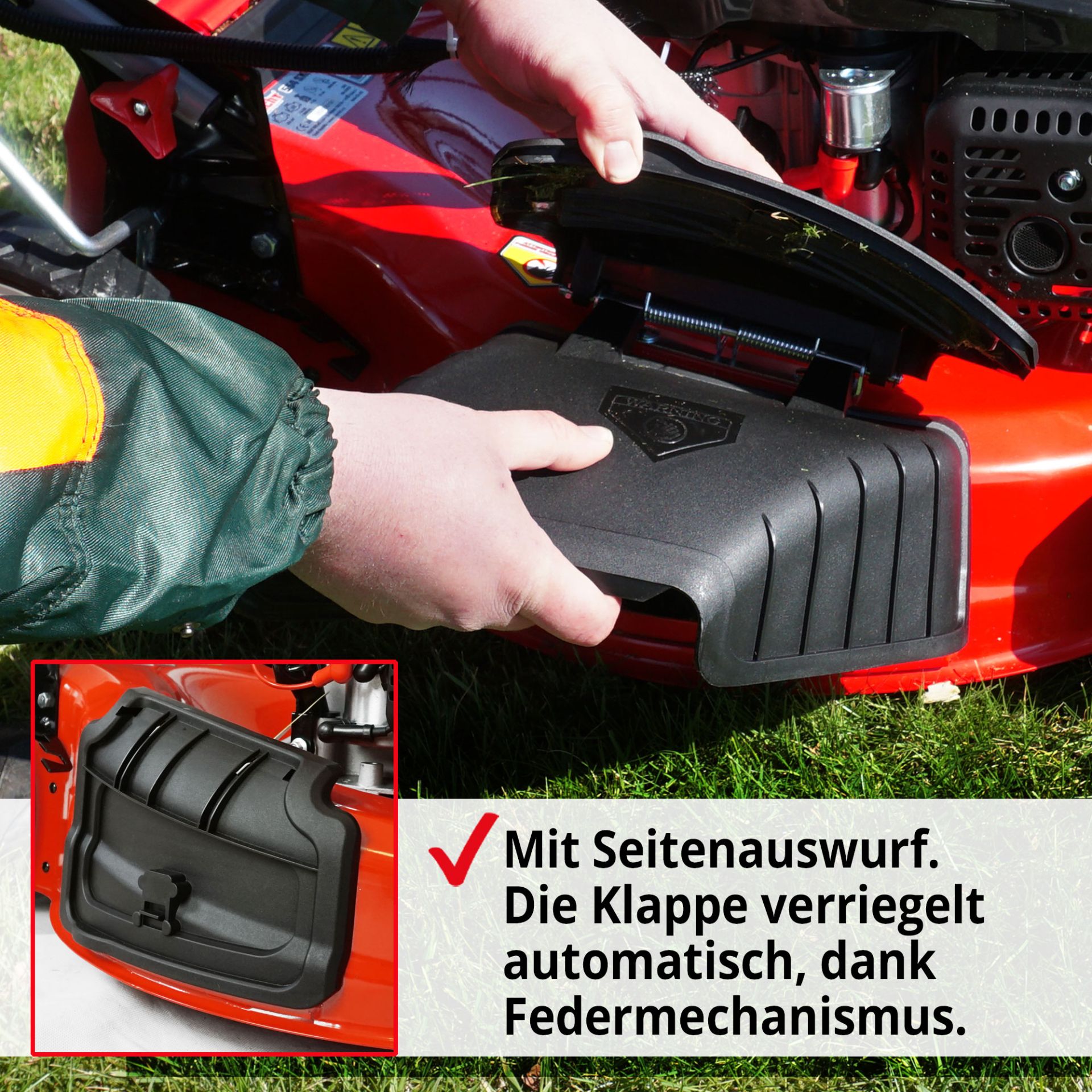 Benzin-Rasenmäher mit Seitenauswurf die Klappe verriegelt automatisch dank Federmechanismus 