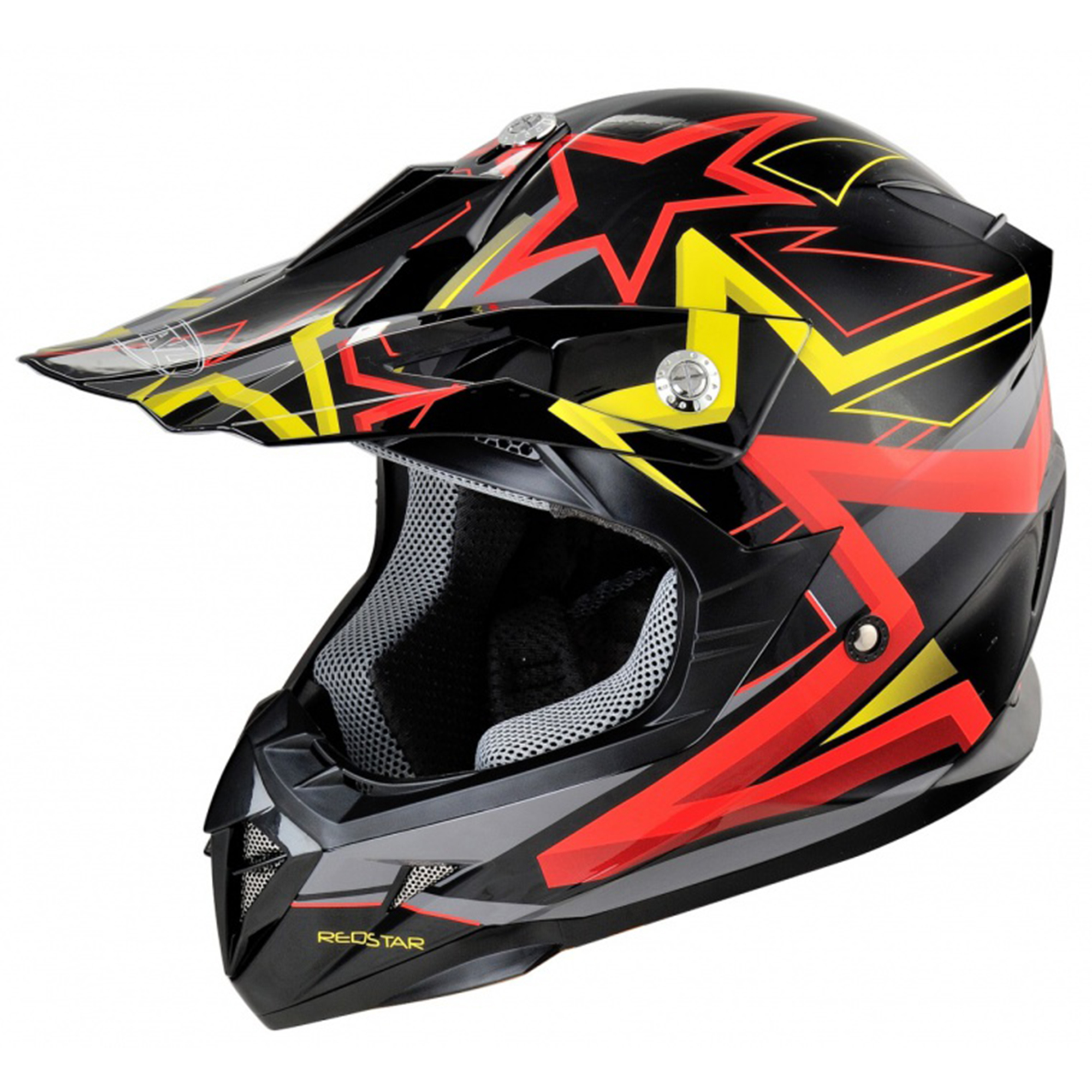 Motocrosshelm Kinder schwarz-rot mit Sternen-Design für coolen Look und sicheren Sitz.