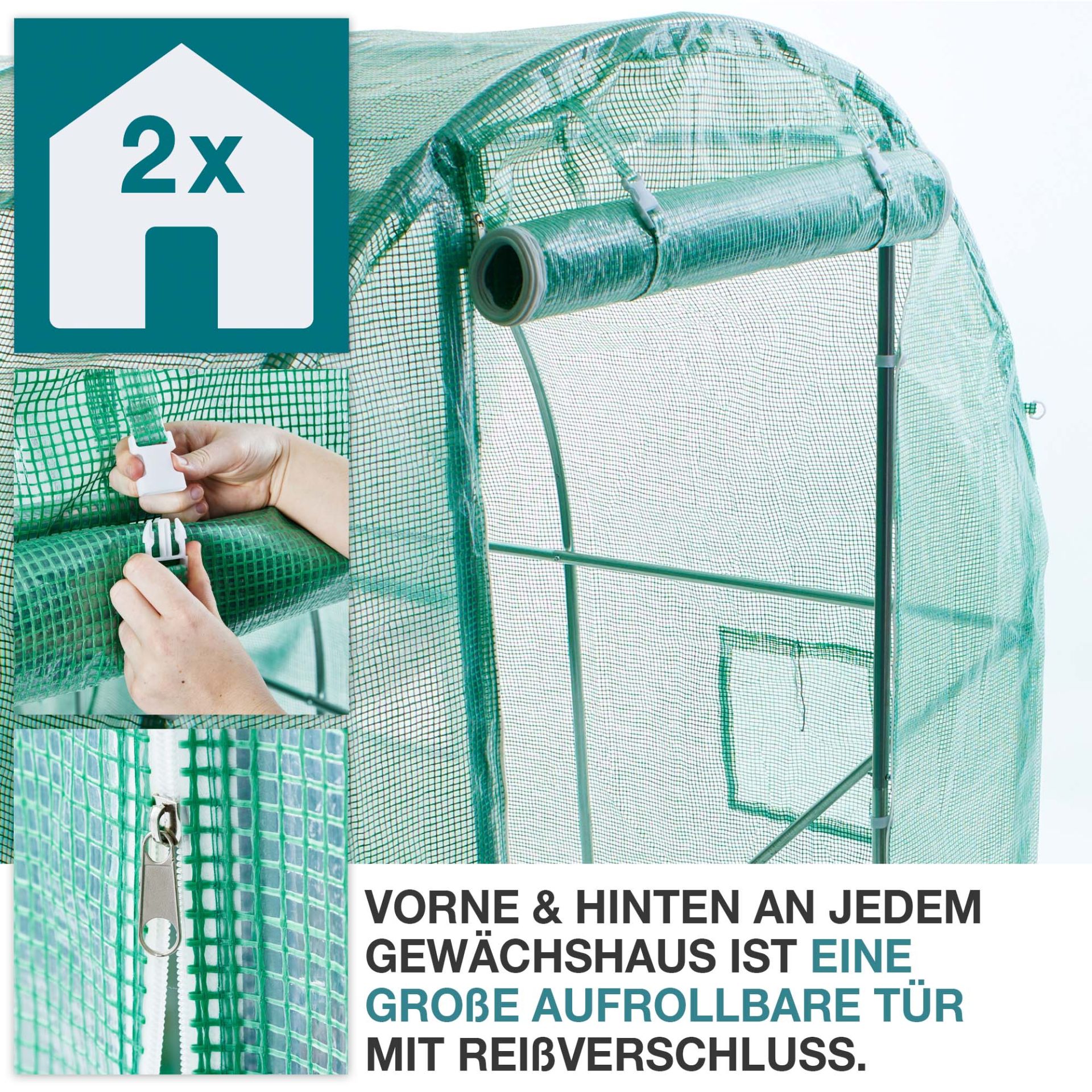 TOM Gewächshaus Folie GH-1201; große, aufrollbare Türen vorne und hinten mit Reißverschluss