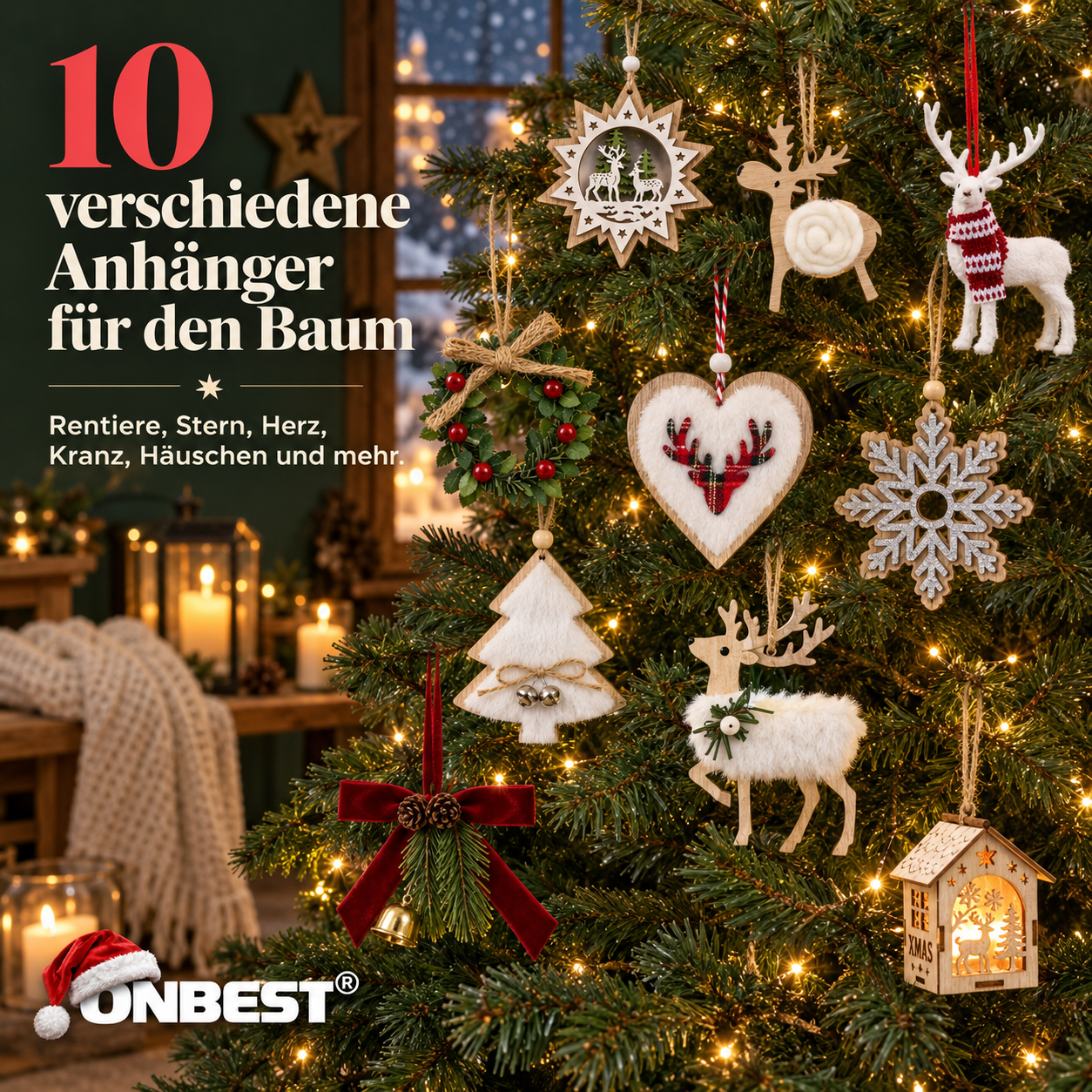 ONBEST Holzanhänger Set: 10 verschiedene Motive ordentlich präsentiert (Dieses Bild wurde mit Hilfe von KI generiert.)