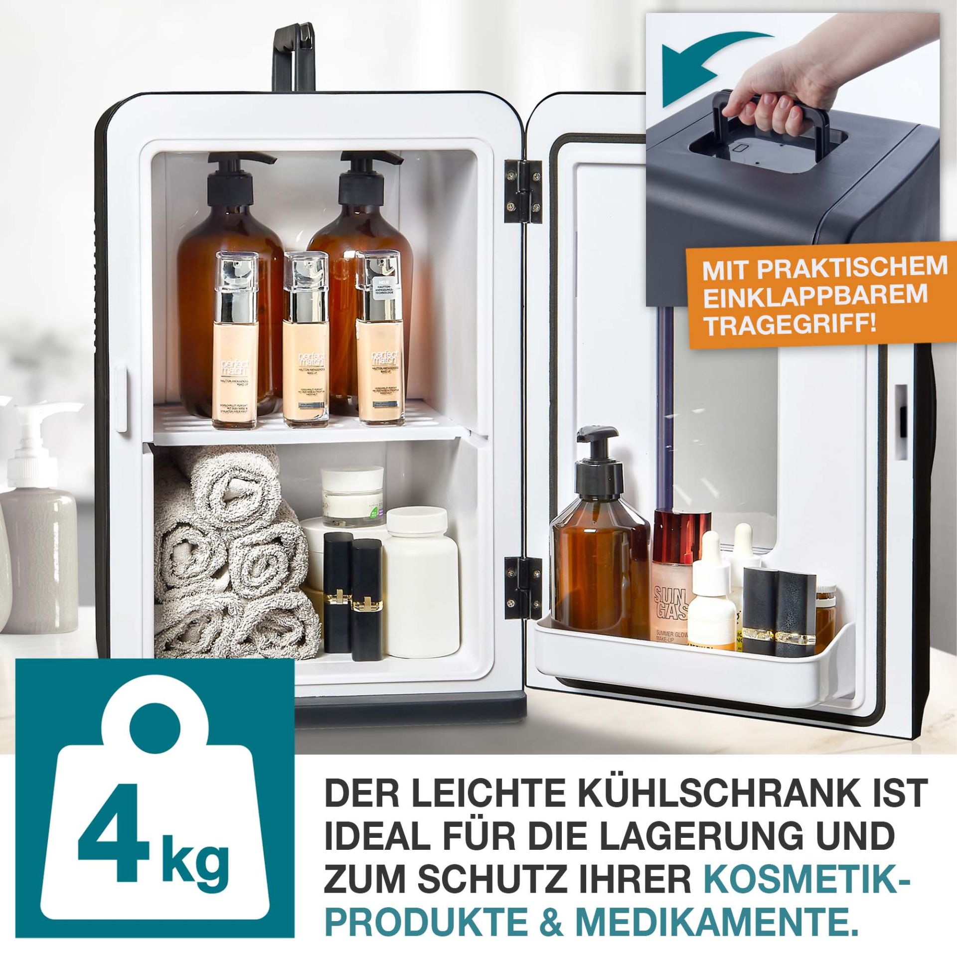 TOM Mini Kühlschrank; 4 Kilogramm Gewicht und mit einklappbarem Tragegriff