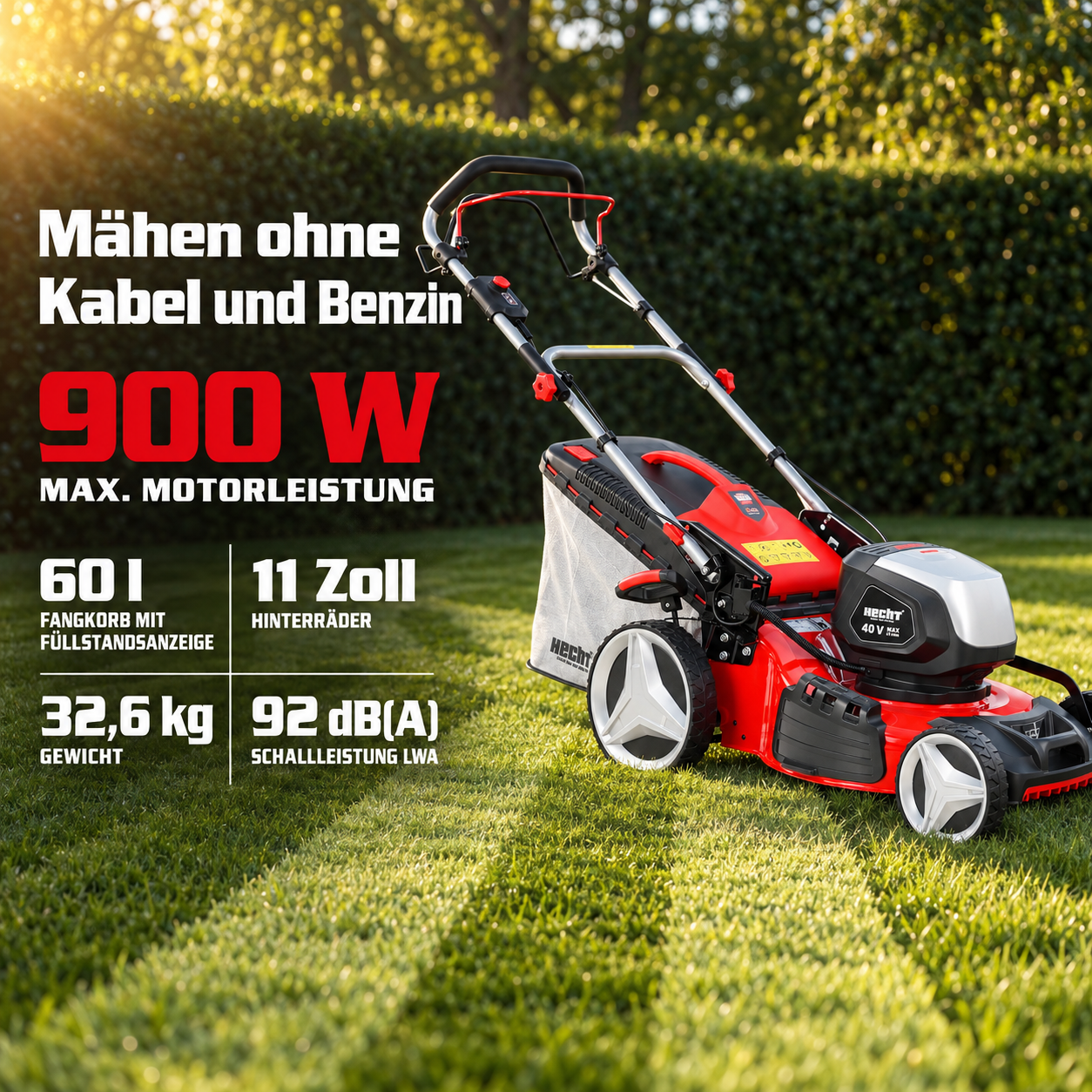 HECHT Akku-Rasenmäher mit 900 W Leistung und 60 Liter Fangkorb (Dieses Bild wurde mit Hilfe von KI generiert.)