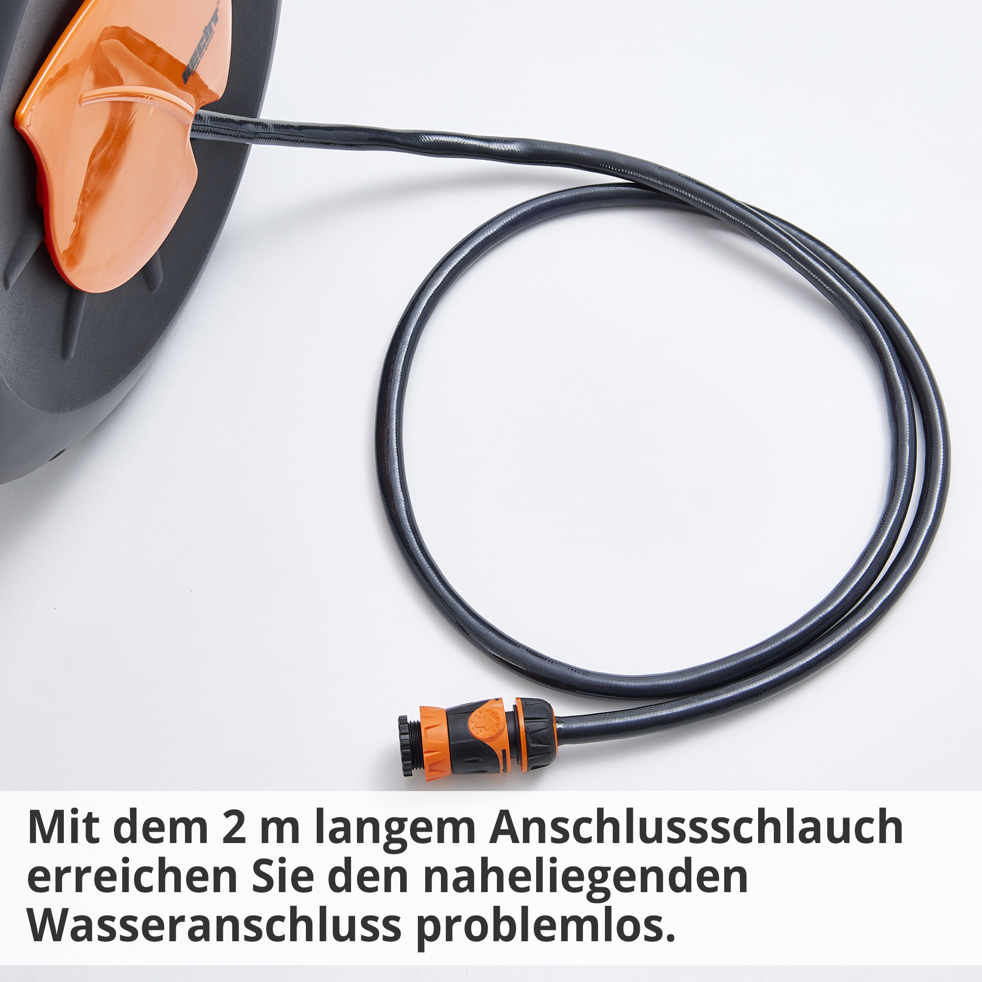 Wand-Schlauchtrommel; 2 Meter langer Anschlussschlauch (Dieses Bild wurde mit Hilfe von KI generiert.)