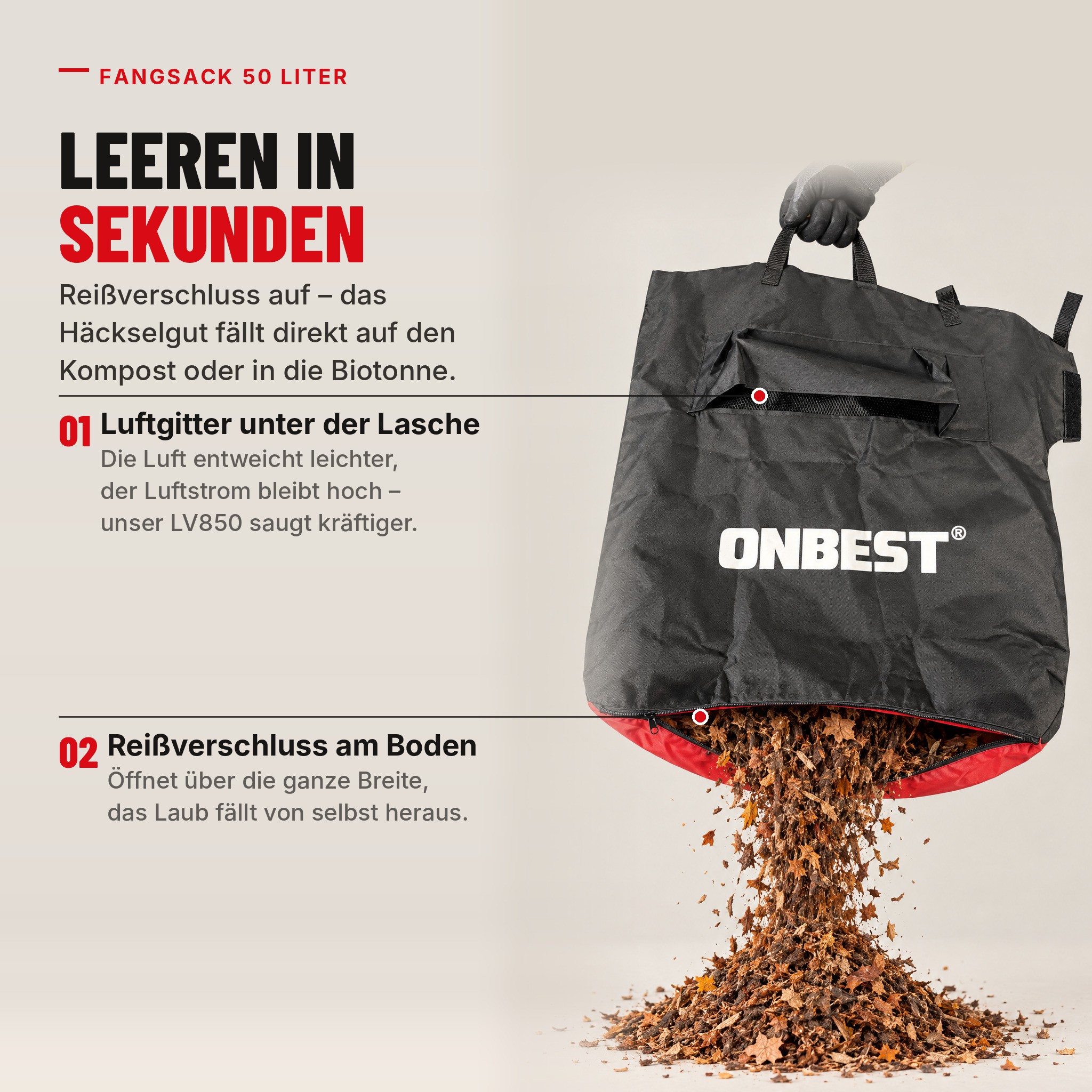 Fangsack 50 Liter des ONBEST LV850 mit Reißverschluss am Boden schnell leeren (Dieses Bild wurde mit Hilfe von KI generiert.)