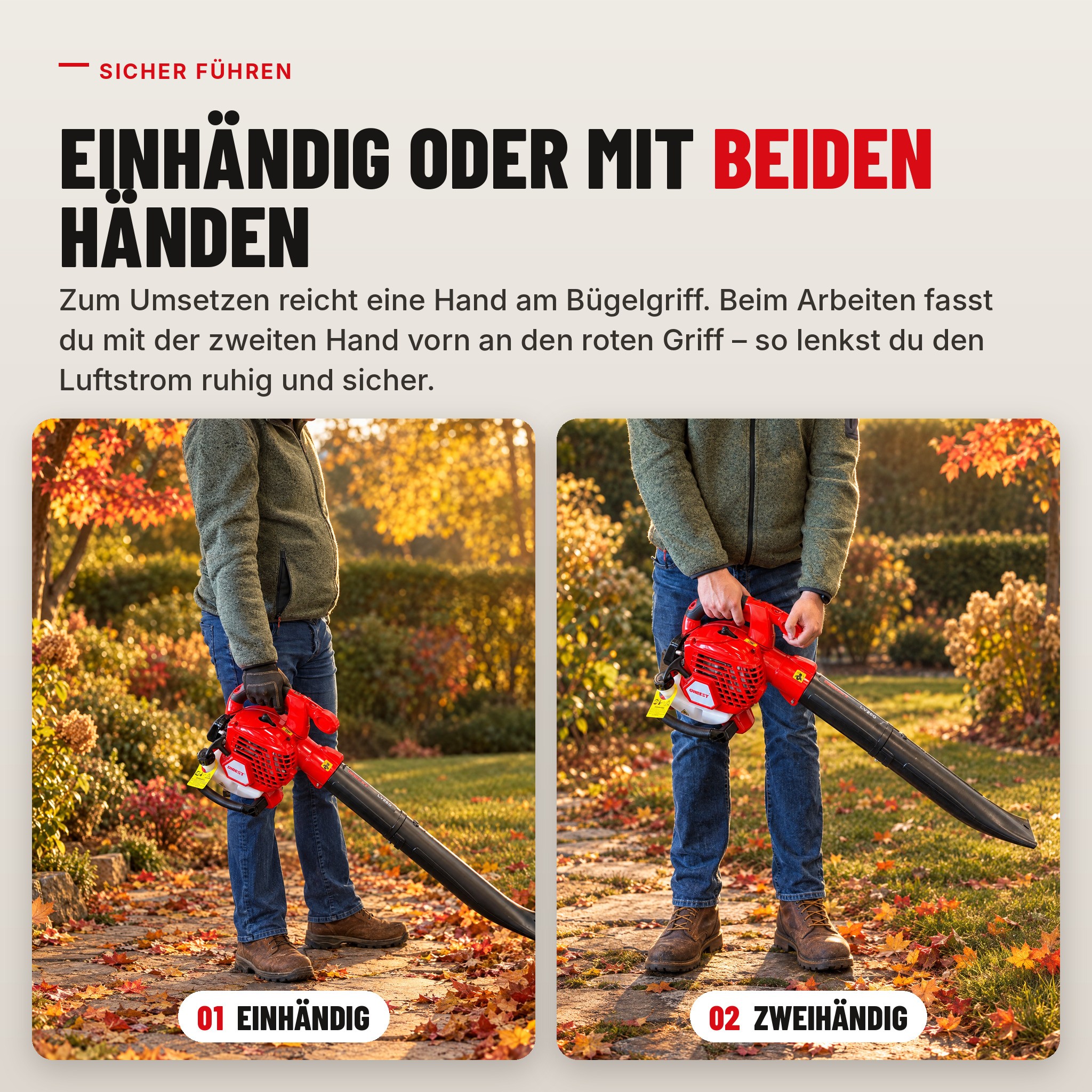 ONBEST LV850 einhändig oder mit beiden Händen führen: Bügelgriff und roter Griff (Dieses Bild wurde mit Hilfe von KI generiert.)