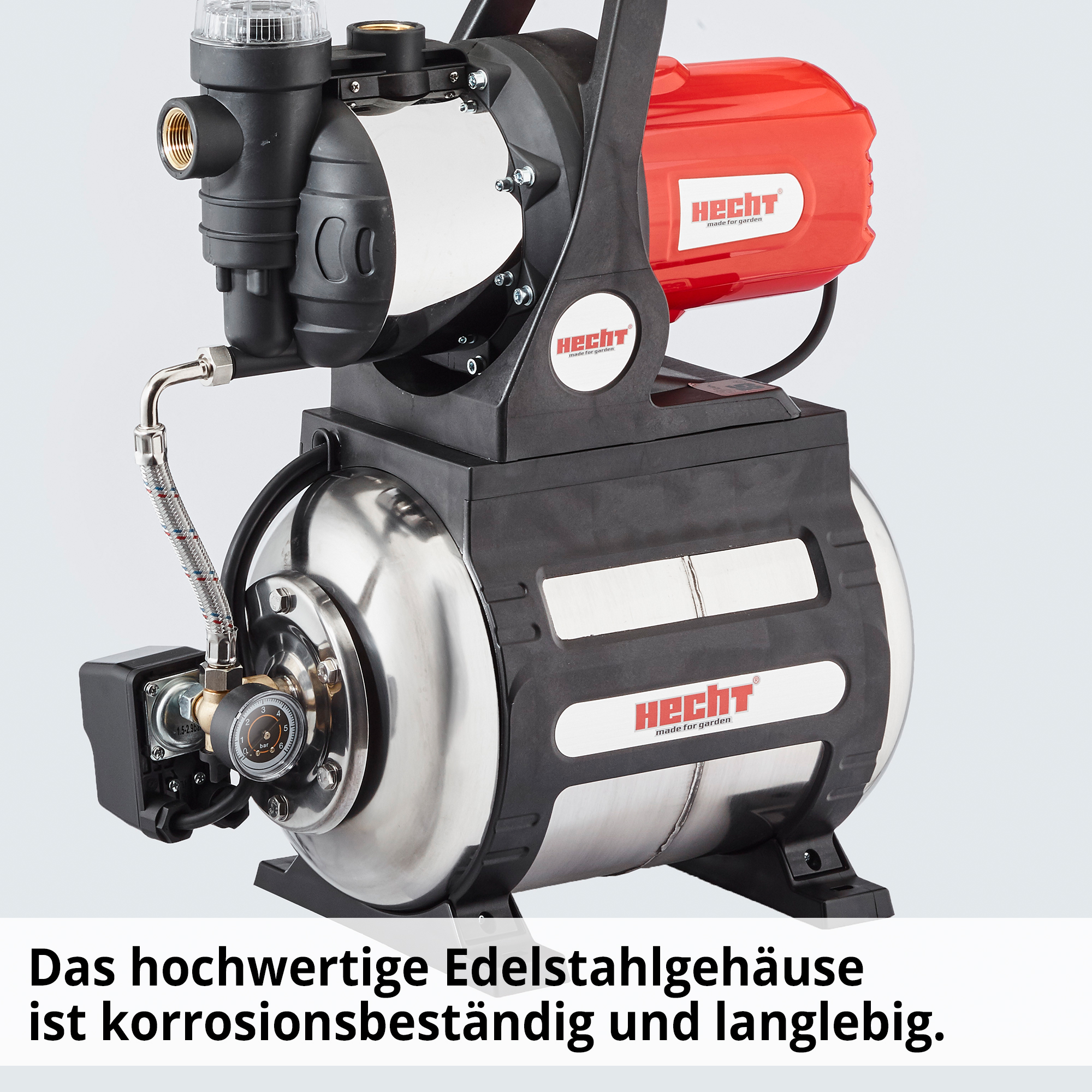 Hecht 3331 INOX Hauswasserwerk; Das hochwertige Edelstahlgehäuse ist korrosionsbeständig und langlebig