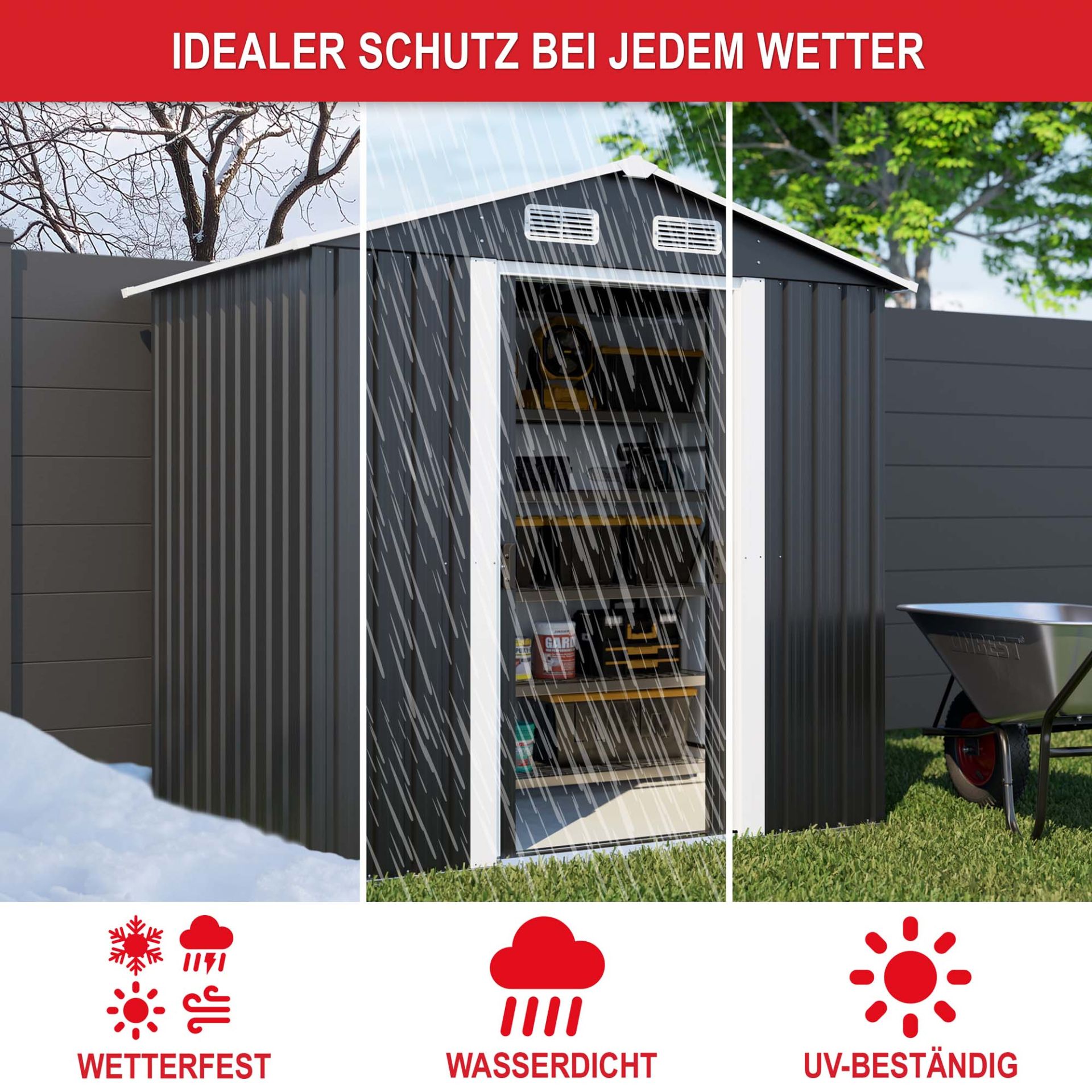 Gerätehaus bei Schnee, Regen und Sonne – wetterfest