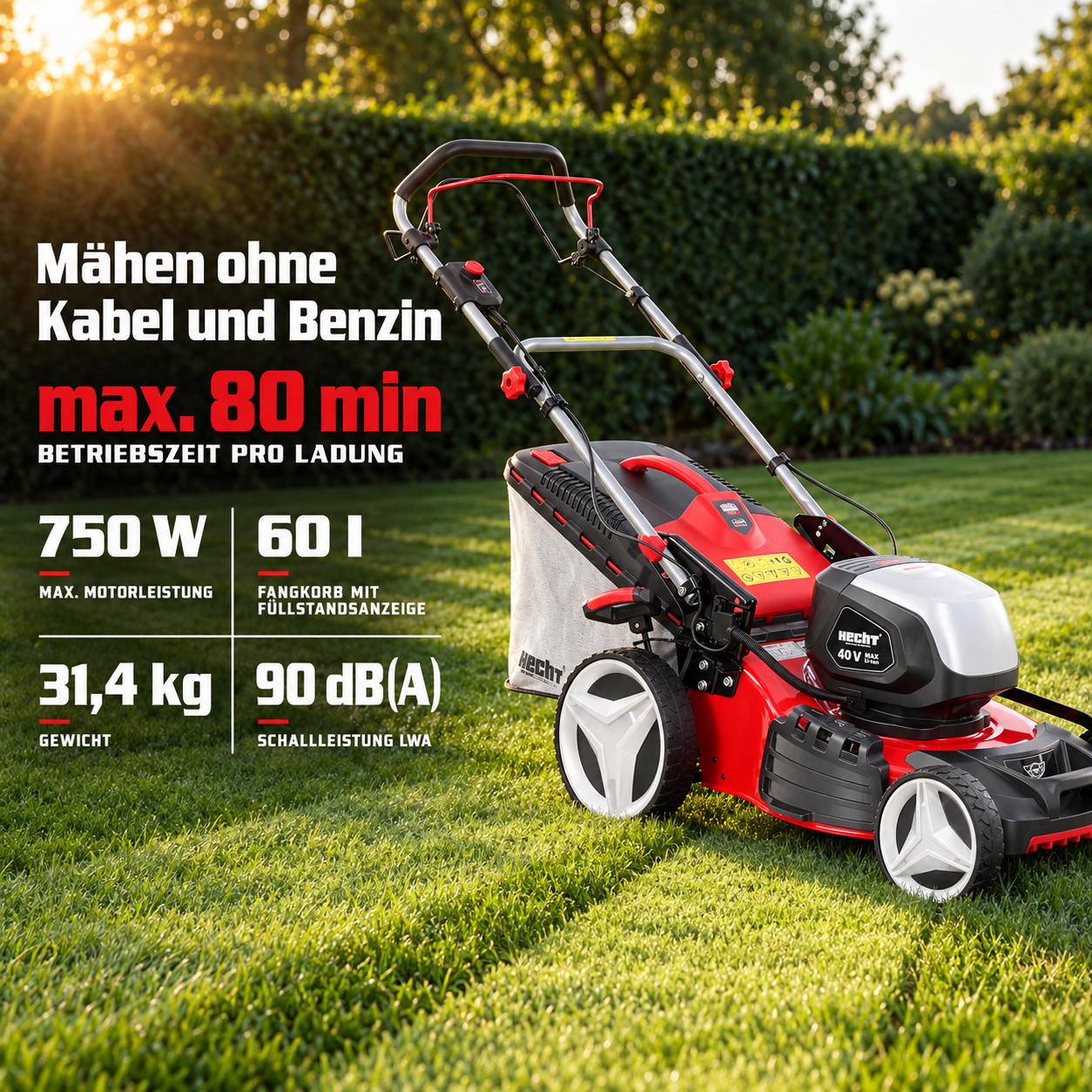 HECHT Akku-Rasenmäher mit 750 W Leistung und bis zu 80 min Betriebszeit (Dieses Bild wurde mit Hilfe von KI generiert.)