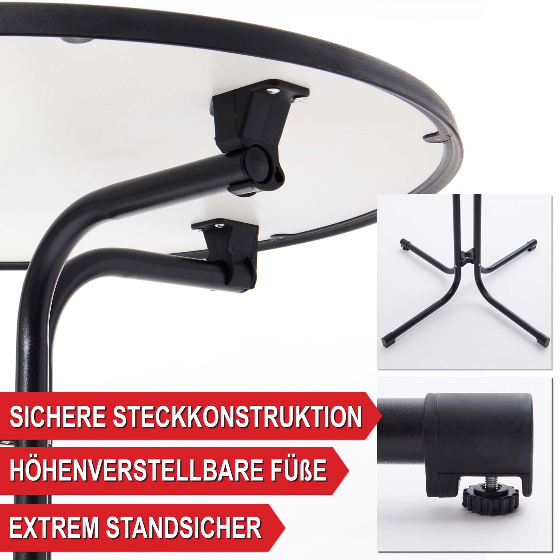 Sichere Steckkonstruktion, höhenverstellbare Füße, extrem standsicher - Stehtisch mit Tischhusse schwarz