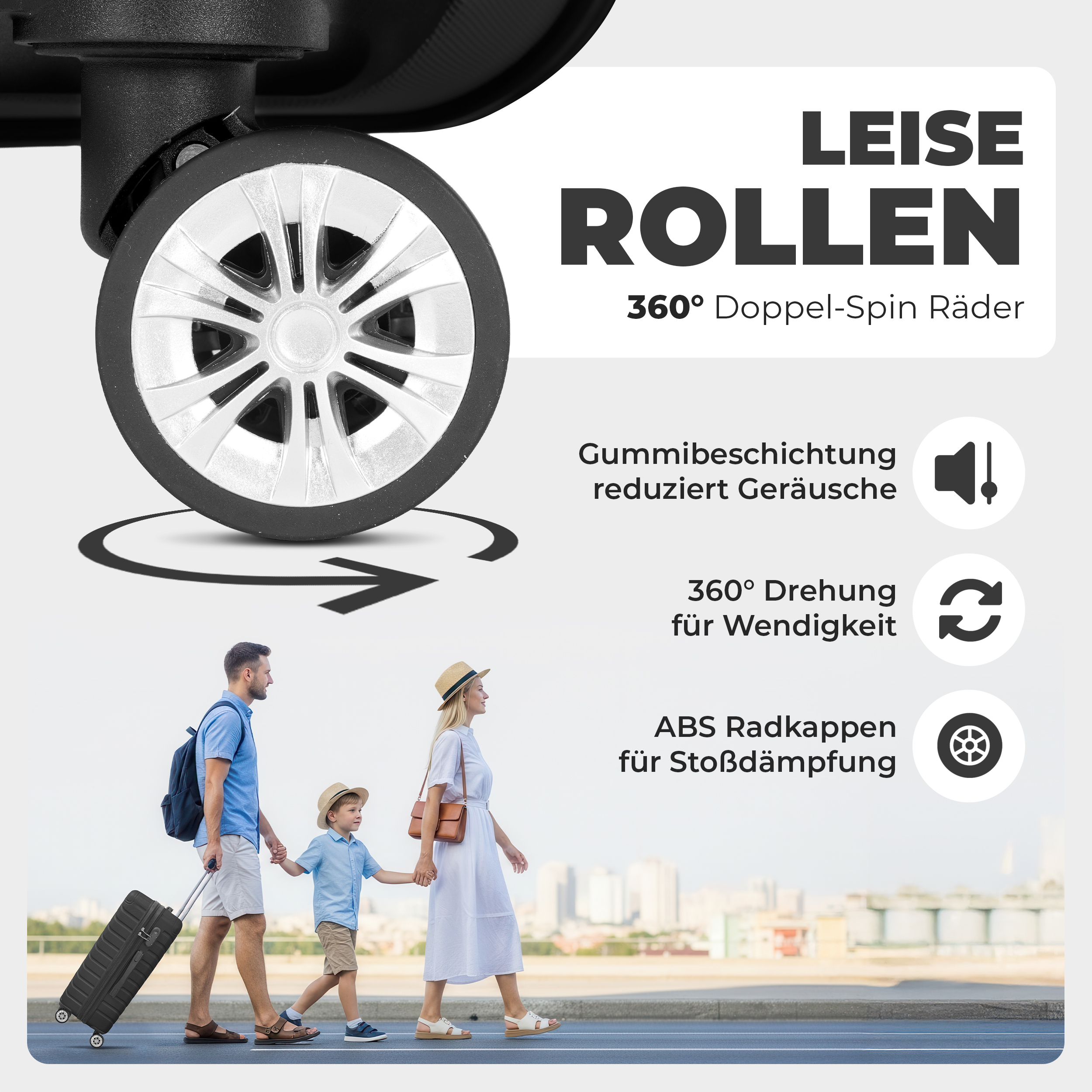 Hartschalenkoffer Set ONBEST SChwarz mit 360° Doppelrollen für Komfort