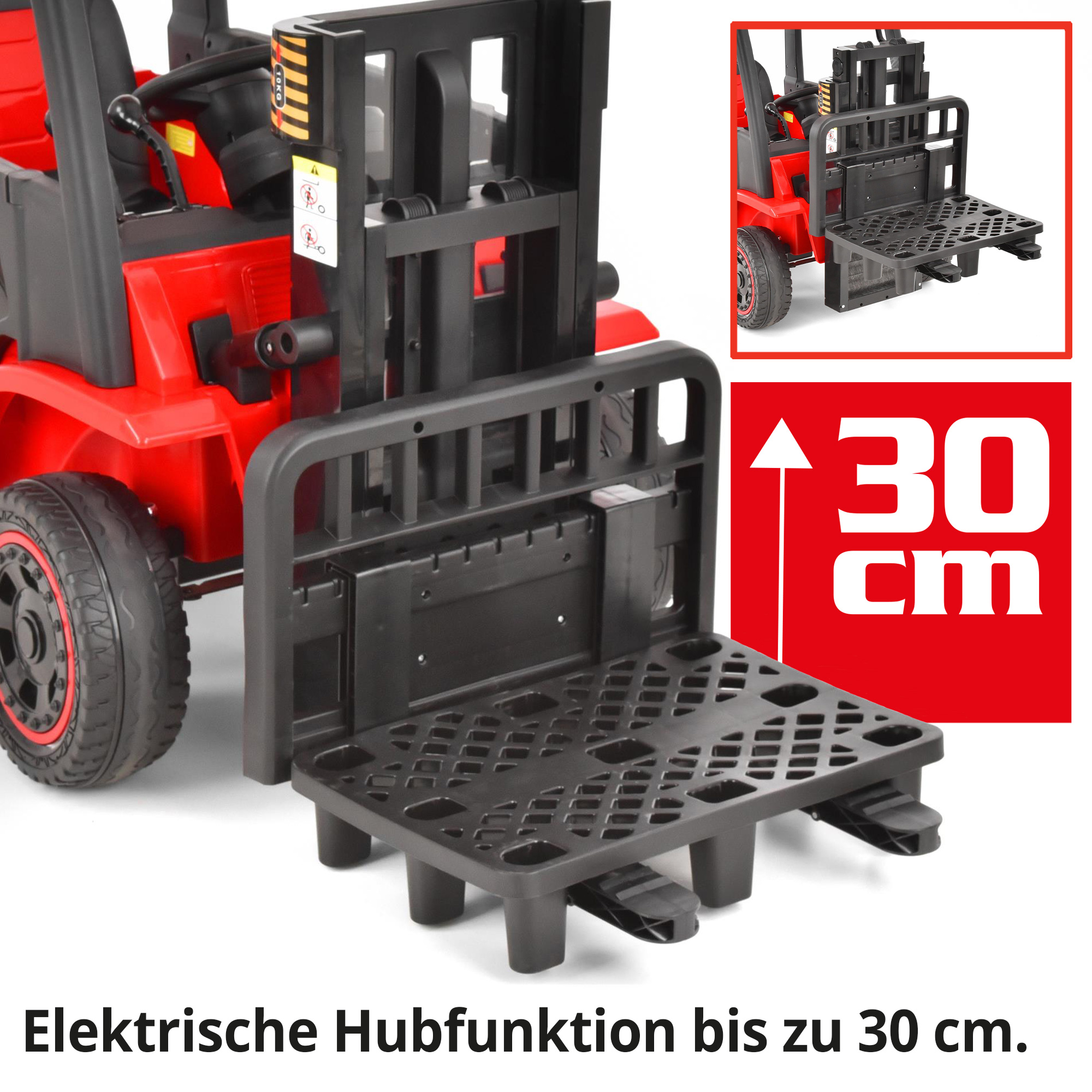 Hecht 52108RED Kinder Elektro Gabelstapler ROT; Elektrische Hubfunktion bis zu 30cm 