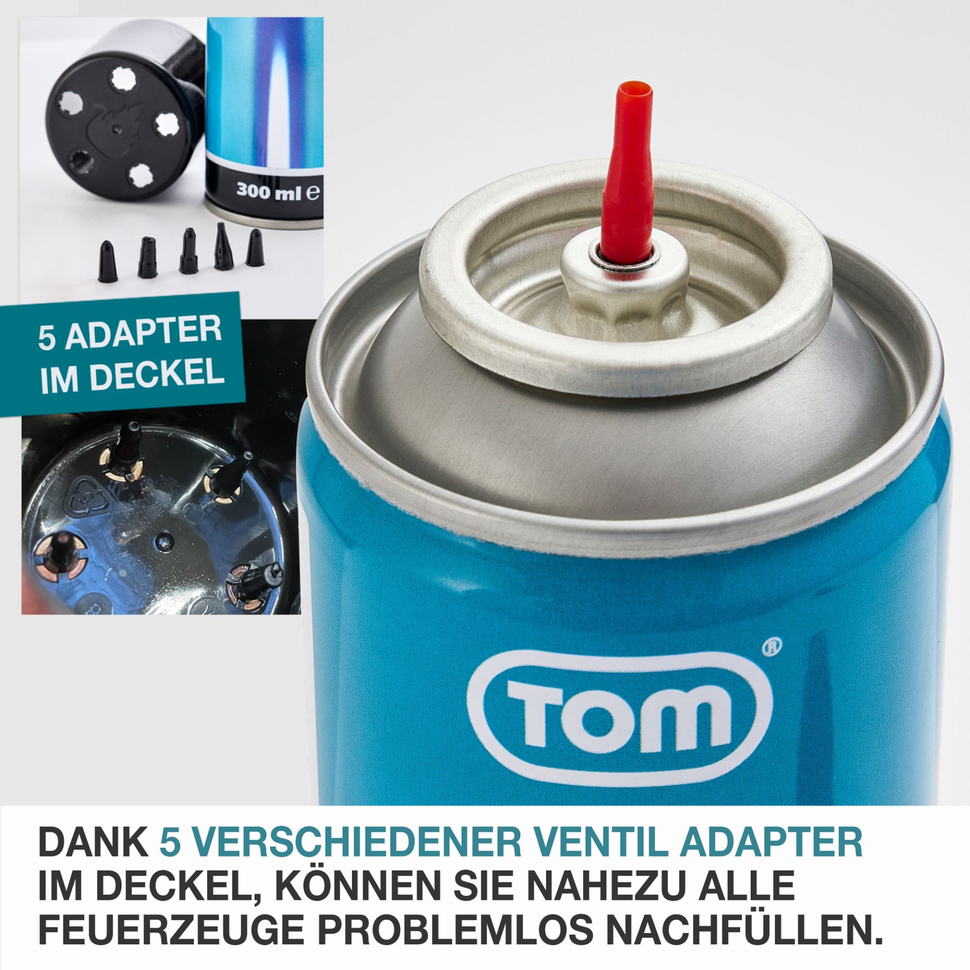 TOM LG-300 Feuerzeug Gas: 5 verschiedene Adapter für fast jedes Feuerzeug