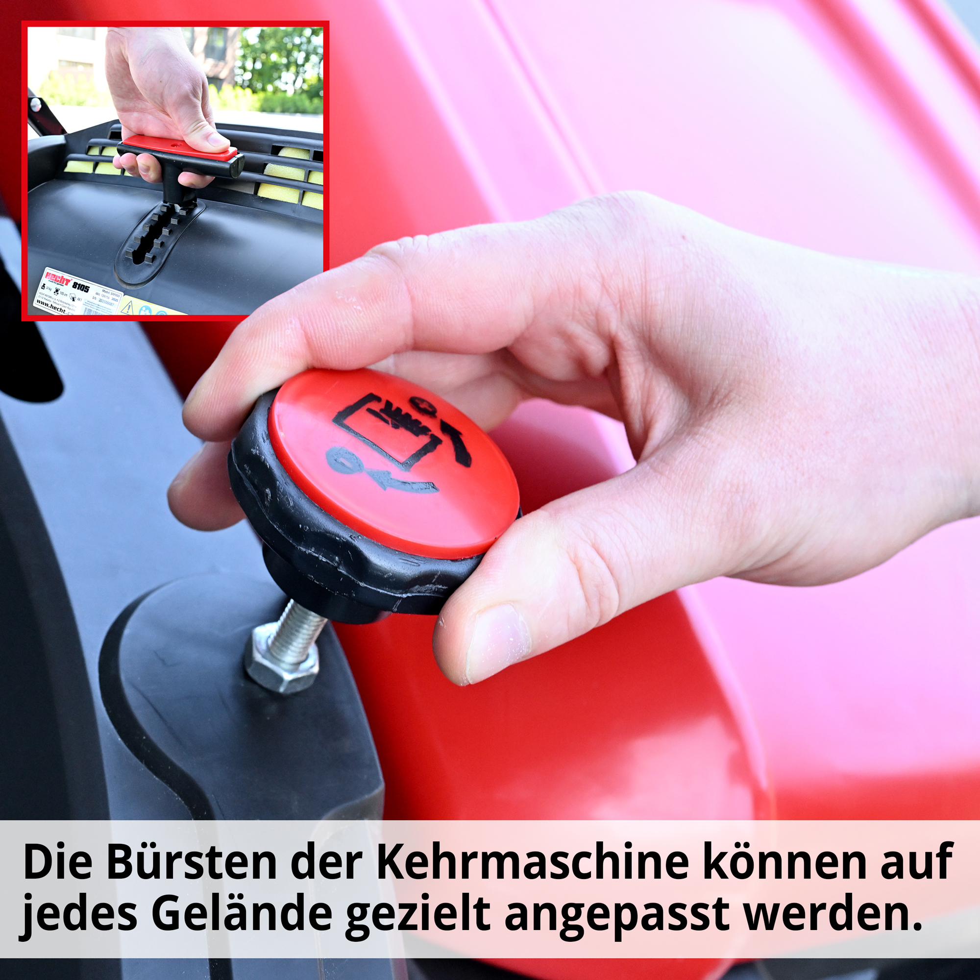 HECHT 8105 Handkehrmaschine; Die Bürsten der Kehrmaschine können auf jedes Gelände gezielt angepasst werden HECHT 8105 Handkehrmaschine; Die Bürsten der Kehrmaschine können auf jedes Gelände gezielt angepasst werden