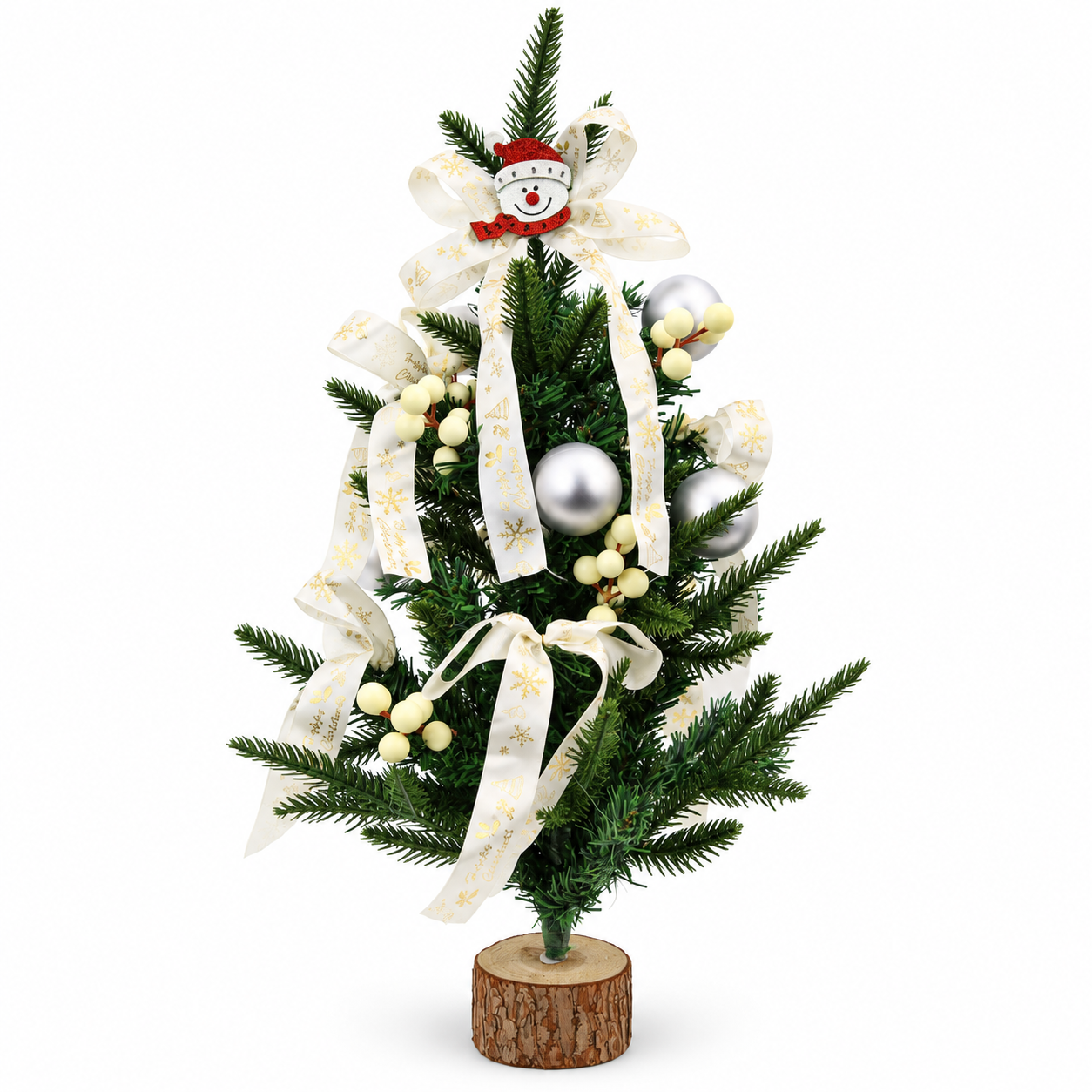 Onbest Weihnachtsbaum 60 cm Weisse Schleife u. Silberne Kugeln (Dieses Bild wurde mit Hilfe von KI generiert.)