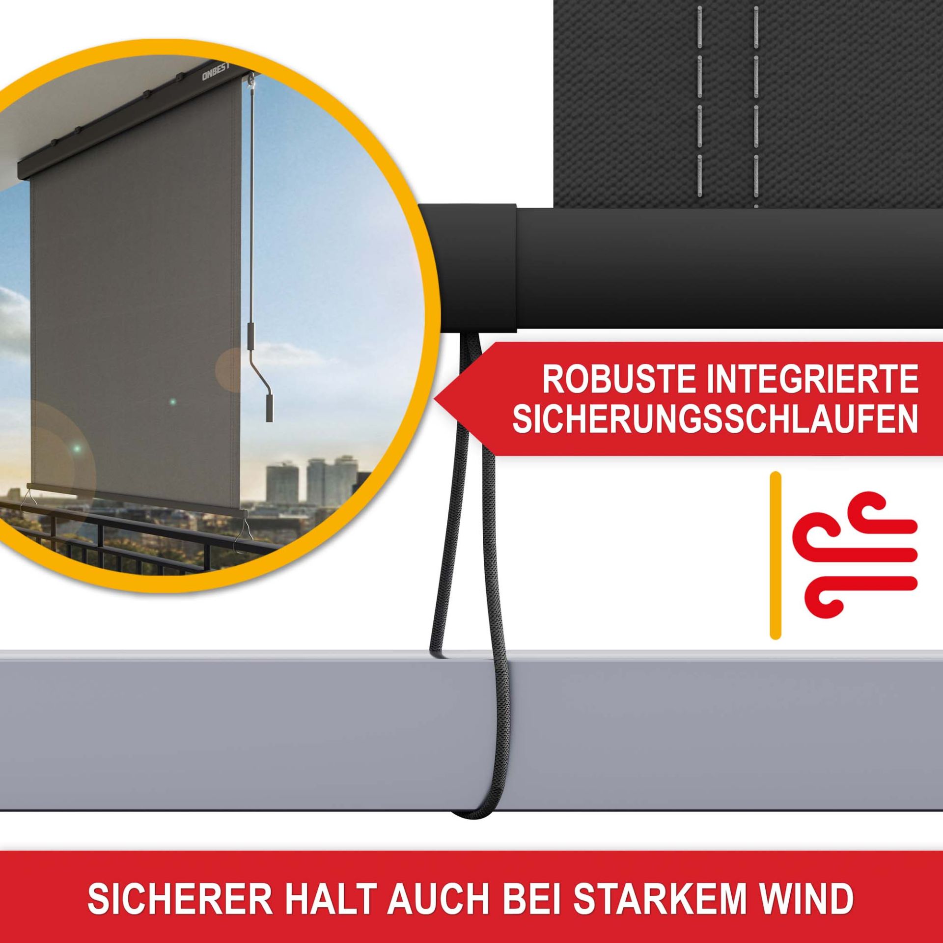 Vertikalmarkise XL - robuste integrierte Sicherheitsschlaufe, sicherer Halt auch bei starkem Wind
