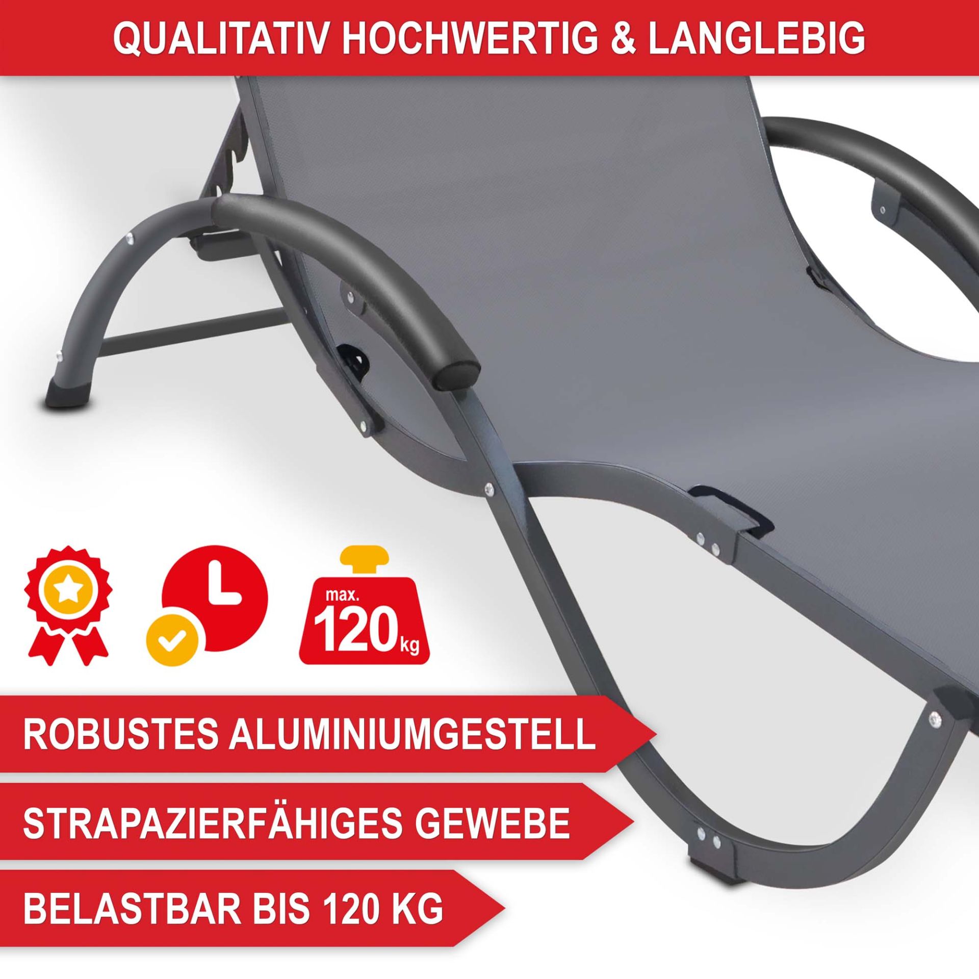 Sonnenliege Madrid - Robustes Aluminiumgestell, Strapazierfähiges Gewebe, Belastbar bis 120 Kilogramm