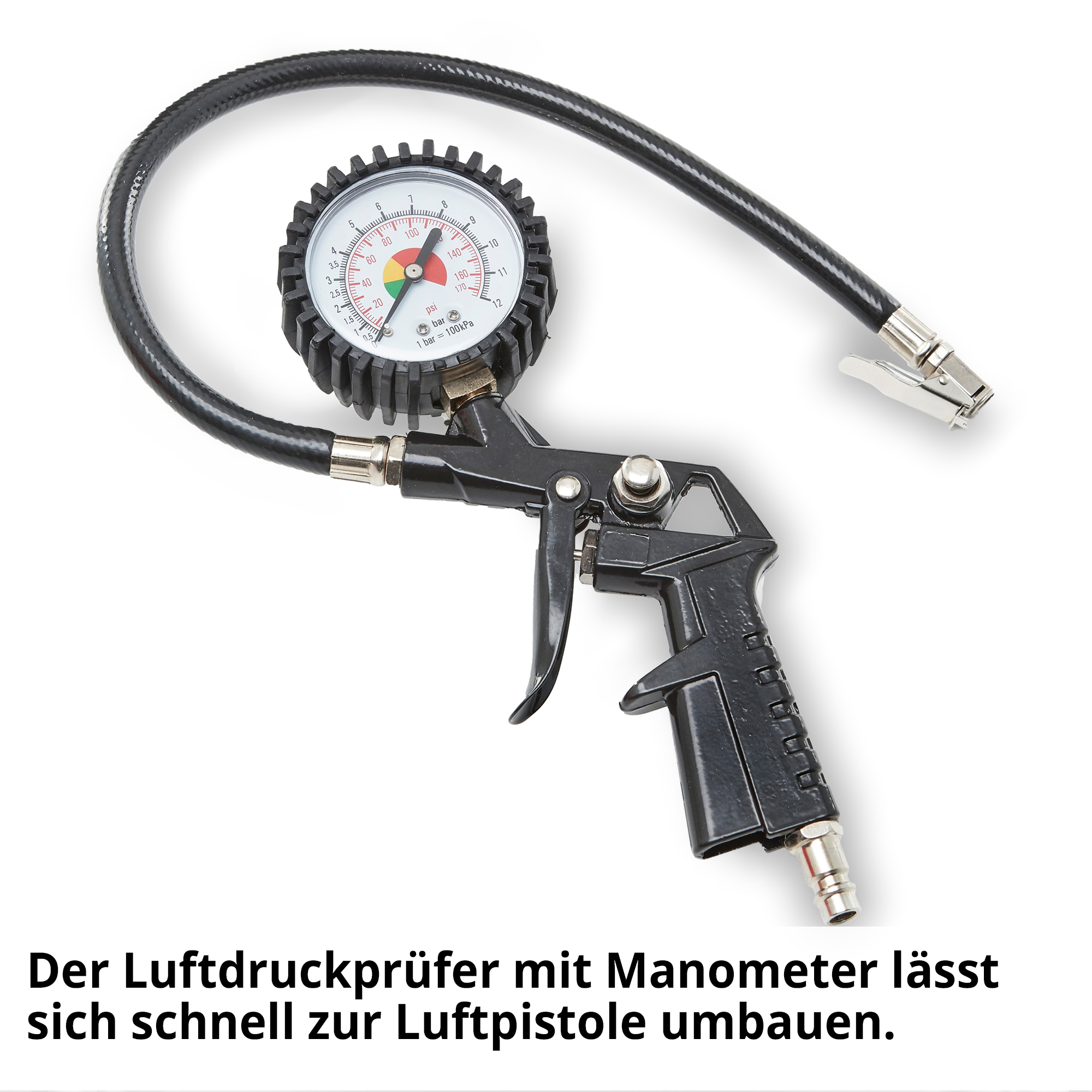 Kofferkompressor; Der Luftdruckprüfer mit Manometer lässt sich schnell zur Luftpistole umbauen