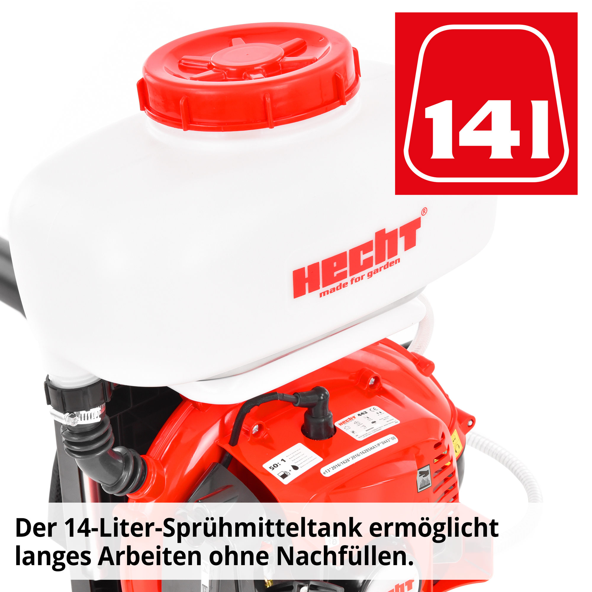 Hecht 443 Motorspritze; Der große Sprühmitteltank ermöglicht langes Arbeiten ohne Nachfüllen Hecht 443 Motorspritze; Der große Sprühmitteltank ermöglicht langes Arbeiten ohne Nachfüllen