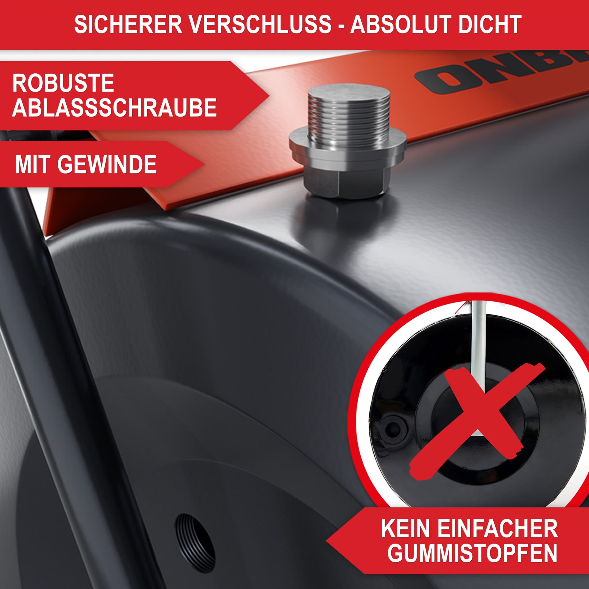 Gartenwalze - sicherer Verschluss, absolut dicht, robuste Ablassschraube mit Gewinde, kein einfacher Gumistopfen