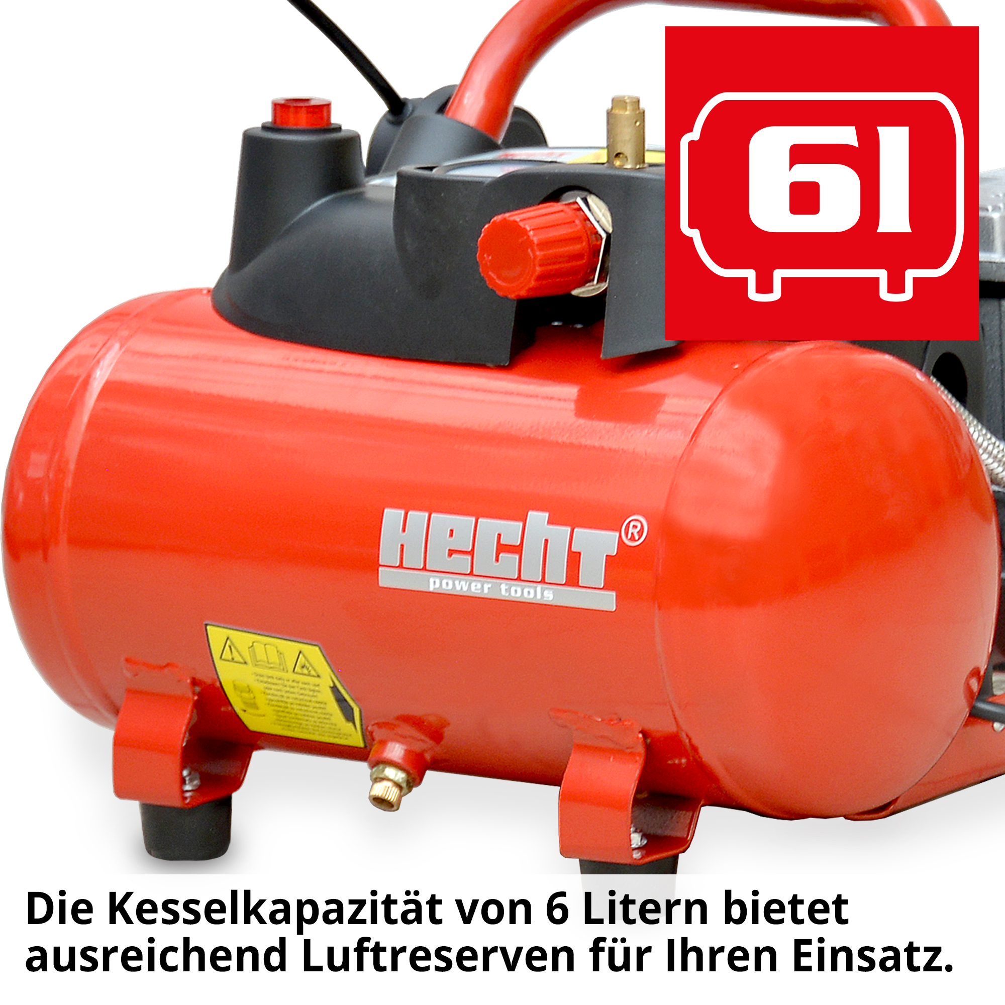 Hecht 20171 Flüster Kompressor; Die Kesselkapazität von 6 Litern bietet ausreichend Luftreserven für ihren Einsatz